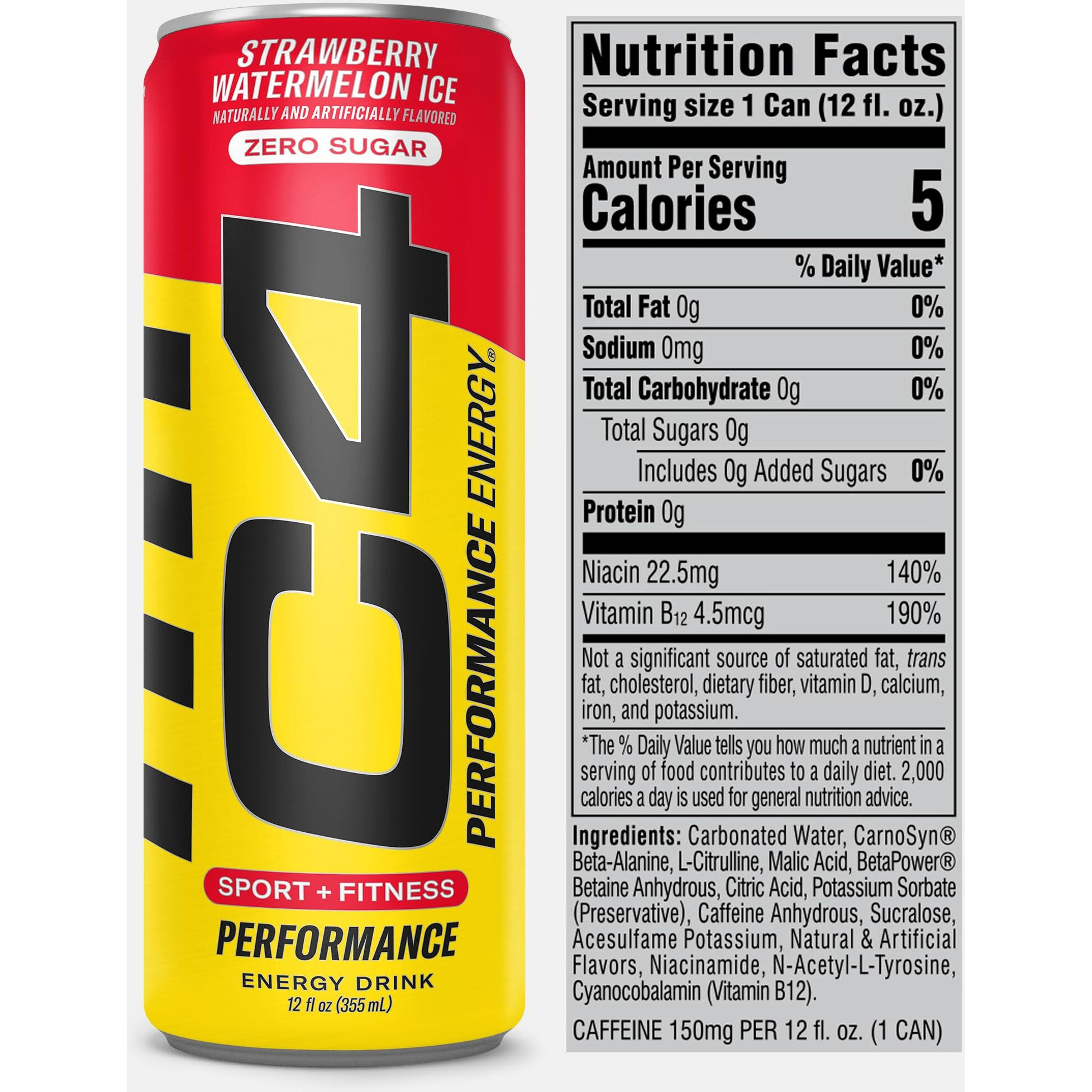 C4 Energy Drink 12Oz (Pack Of 12) - Strawberry Watermelon Ice - Sugar Free Pre Workout Performance Drink With No Artificial Colors Or Dyes