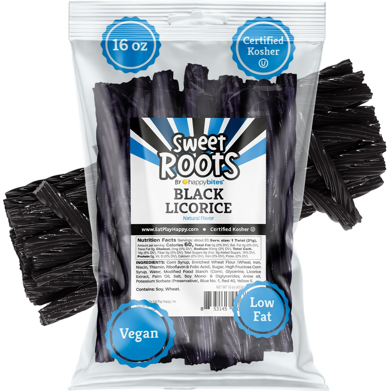 Sweet Roots By Happy Bites Black Licorice Twists (16 Oz) - Jumbo Size - Certified Kosher - Vegan - Gourmet - Low Fat