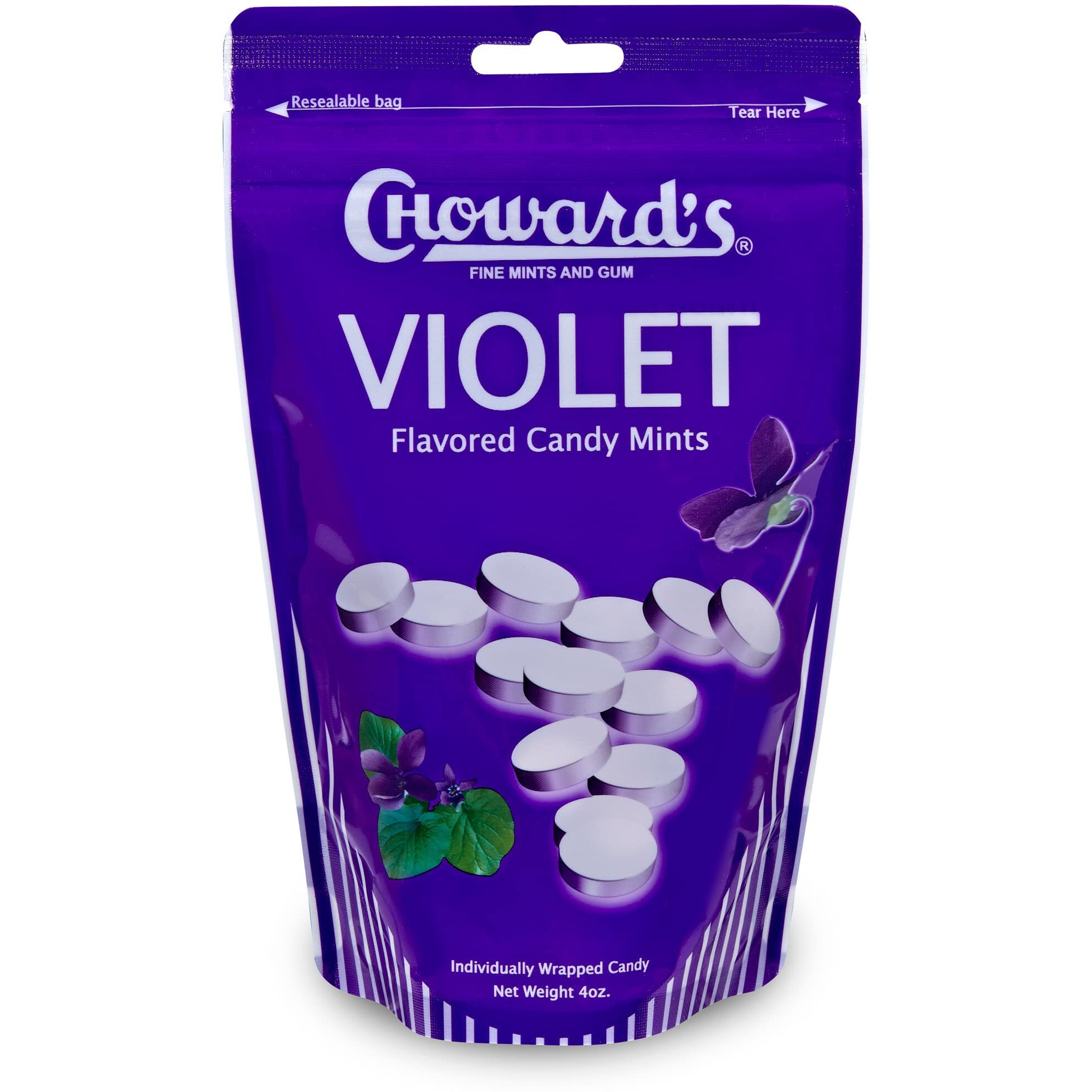 Choward's Violet Mints Candy In Resealable Bag - 4 Oz - 64 Individually Wrapped Candy Mints
