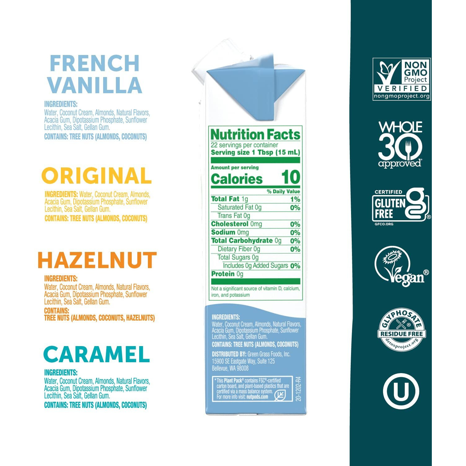 Nutpods Variety Pack Coffee Creamer - Unsweetened Non Dairy Creamer - Original, French Vanilla, Hazelnut And Caramel - Keto Creamer, Whole30, Gluten Free, Non-Gmo, Vegan, Sugar Free, Kosher (4-Pack)