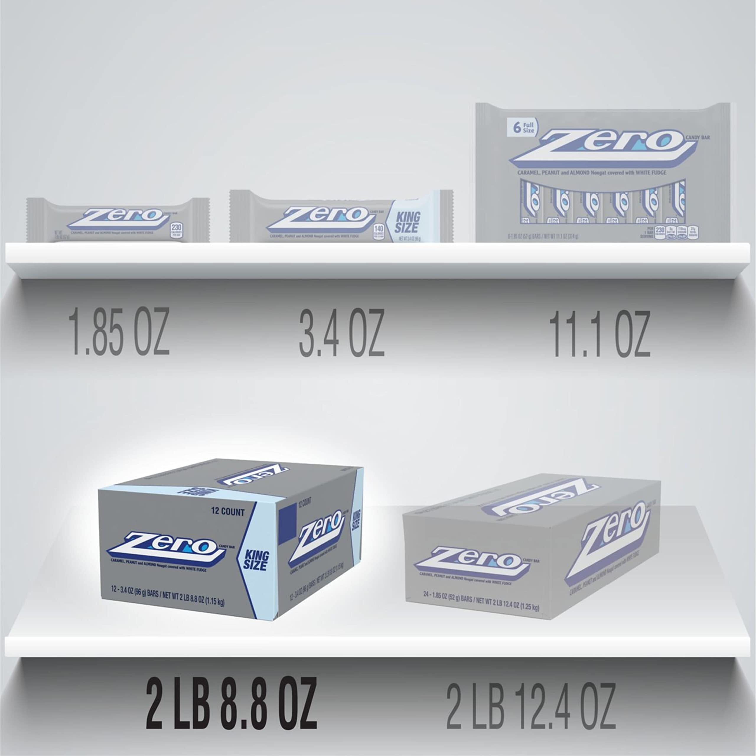 Zero White Fudge, Caramel, Peanut And Almond Nougat King Size Candy, Bulk Individually Wrapped, 3.4 Oz Bars (12 Count)