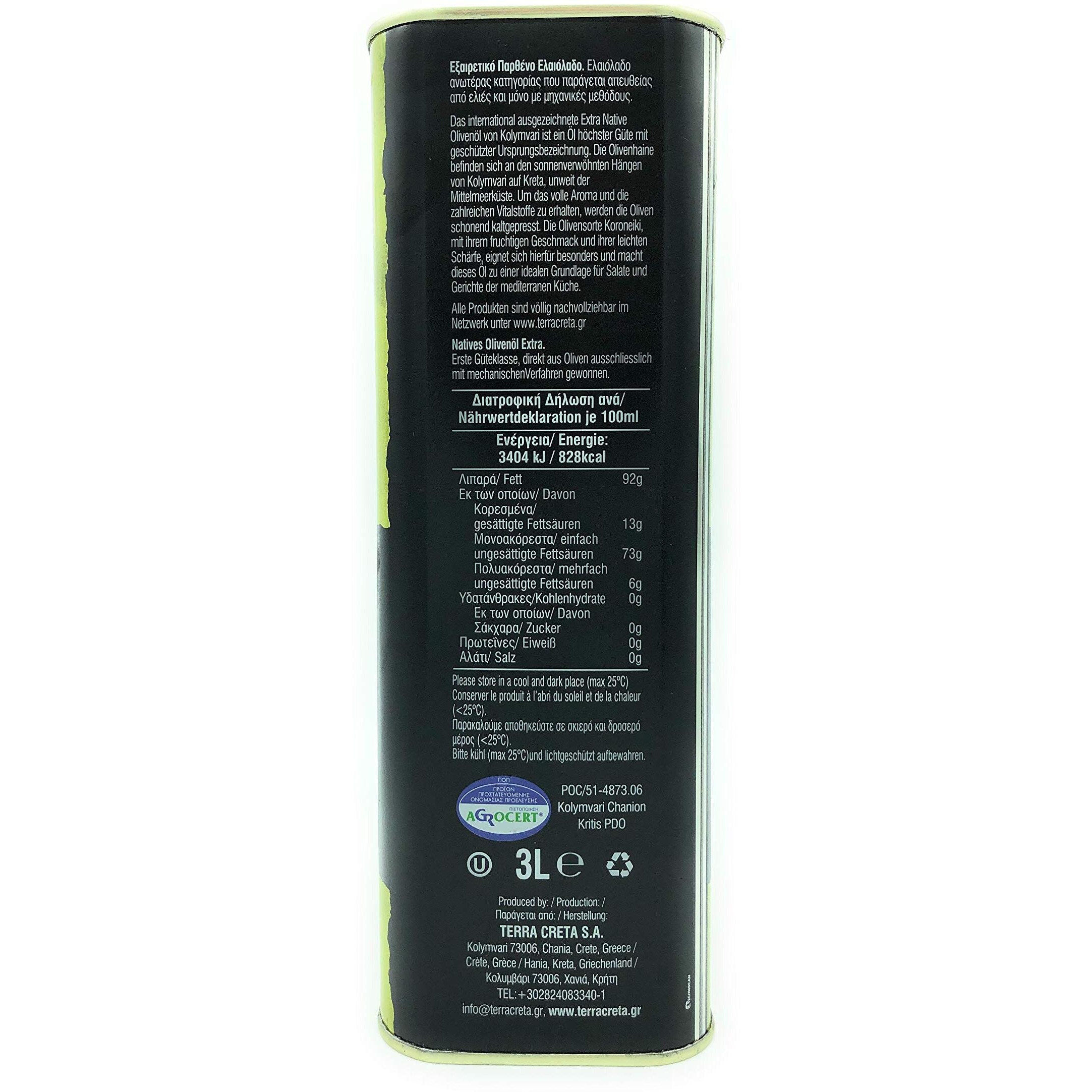 Terra Creta | Award Winning | Kolymvari Estates | 100% Pure Greek Olive Oil | Cold Extracted | Protective Designation Of Origin | 3Ltr - (101.4 Fl.Oz) Tin