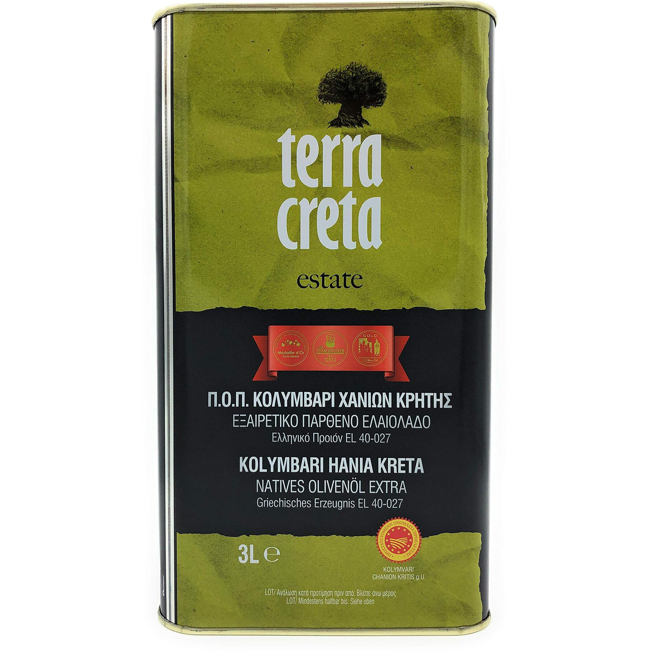 Terra Creta | Award Winning | Kolymvari Estates | 100% Pure Greek Olive Oil | Cold Extracted | Protective Designation Of Origin | 3Ltr - (101.4 Fl.Oz) Tin