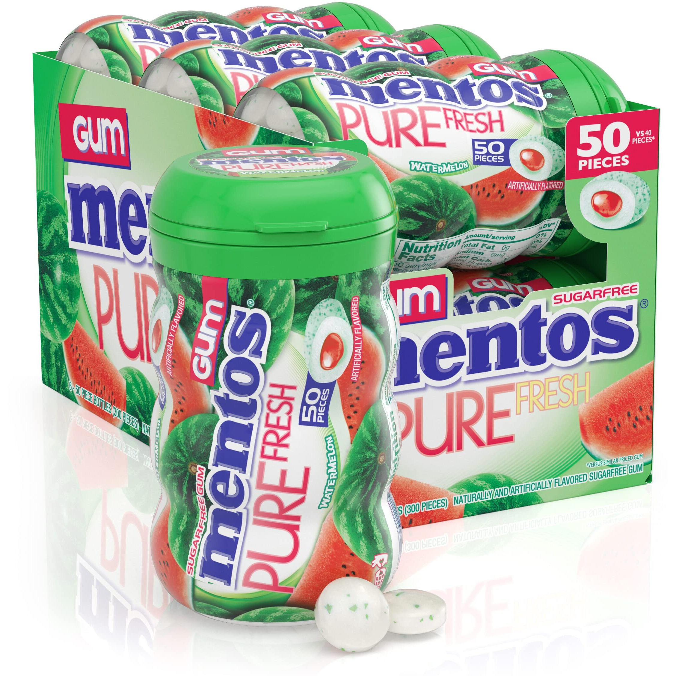 Mentos Pure Fresh Sugar-Free Chewing Gum With Xylitol, Watermelon, Holiday Candy, Bulk, 50 Piece Bottle (Pack Of 6)