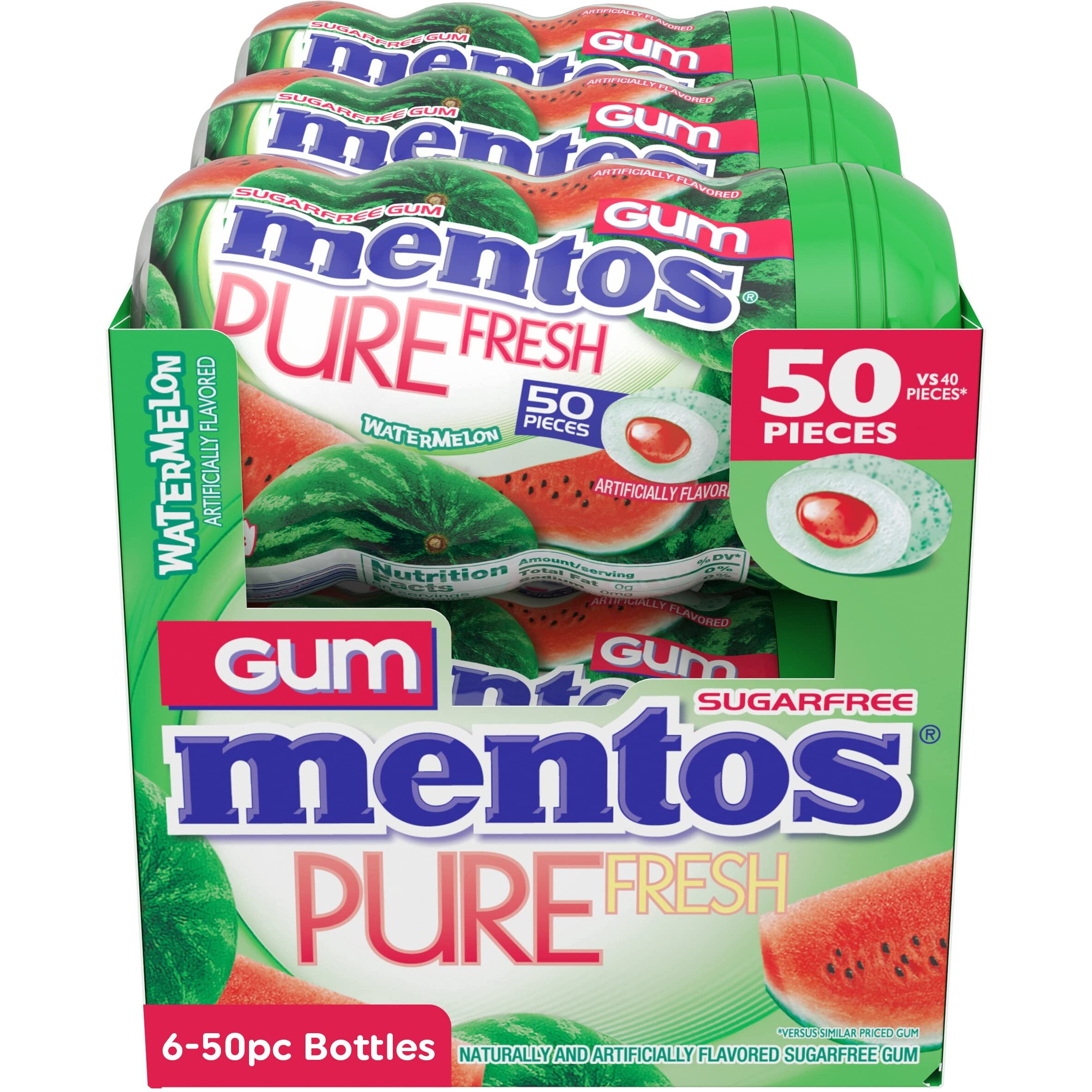 Mentos Pure Fresh Sugar-Free Chewing Gum With Xylitol, Watermelon, Holiday Candy, Bulk, 50 Piece Bottle (Pack Of 6)