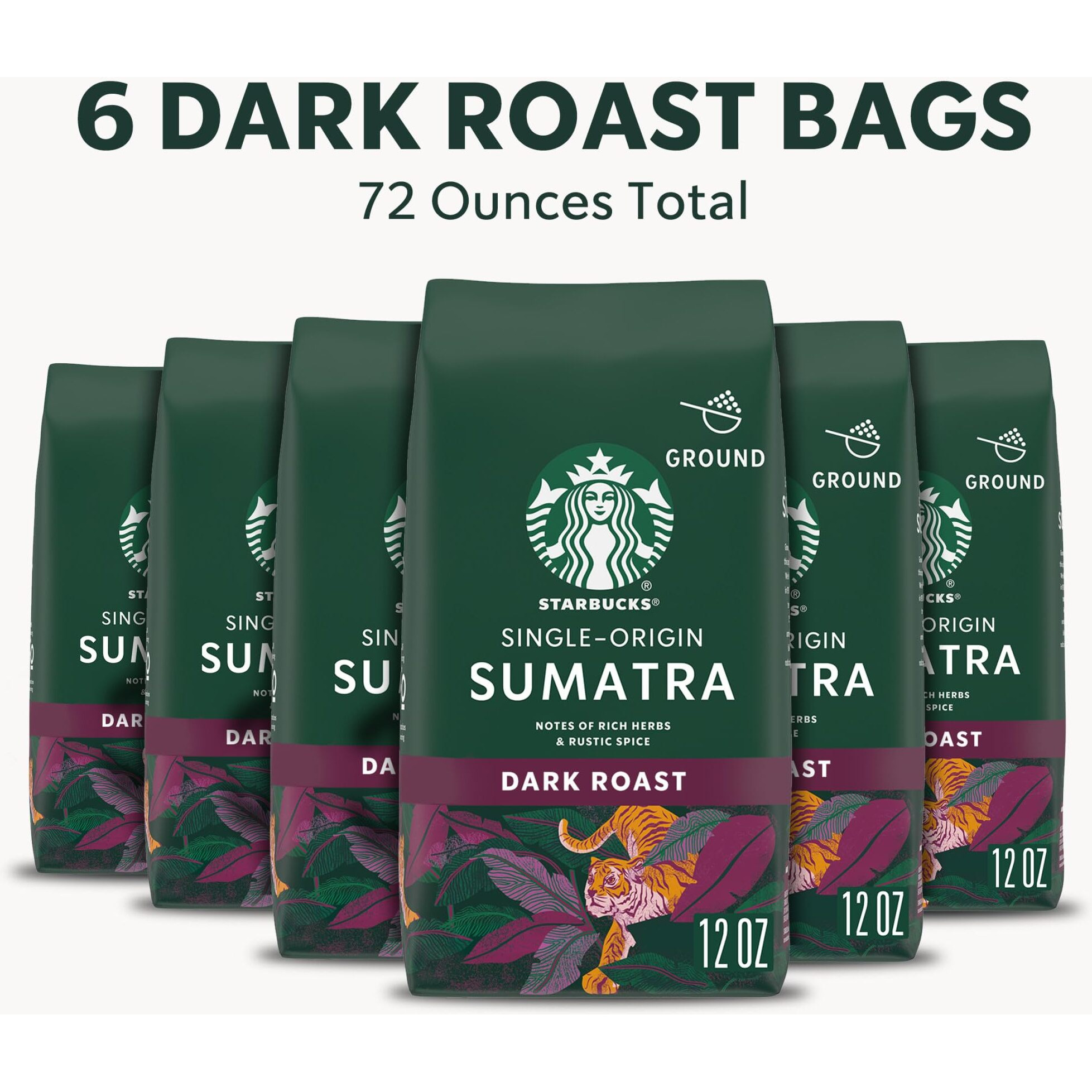 Starbucks Ground Coffee-Dark Roast Coffee-Sumatra-100% Arabica-6 Bags (12 Oz Each)