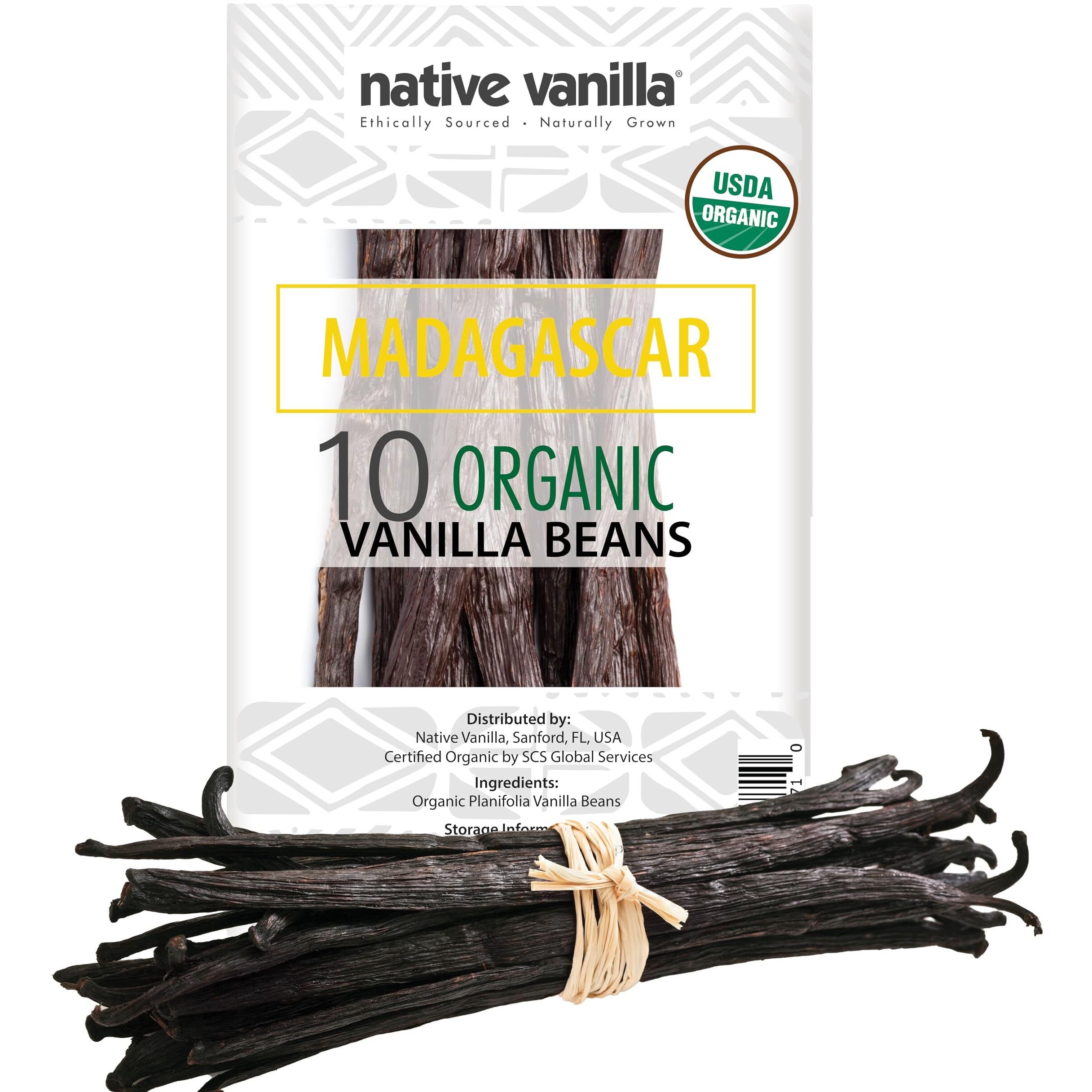 10 Organic Madagascar Vanilla Beans - Grade A Premium Vanilla Pods - 30-35% Moisture Content - For Cooking, Baking & Desserts - 100% Vegan & Kosher - Non-Gmo & Gluten-Free - Native Vanilla