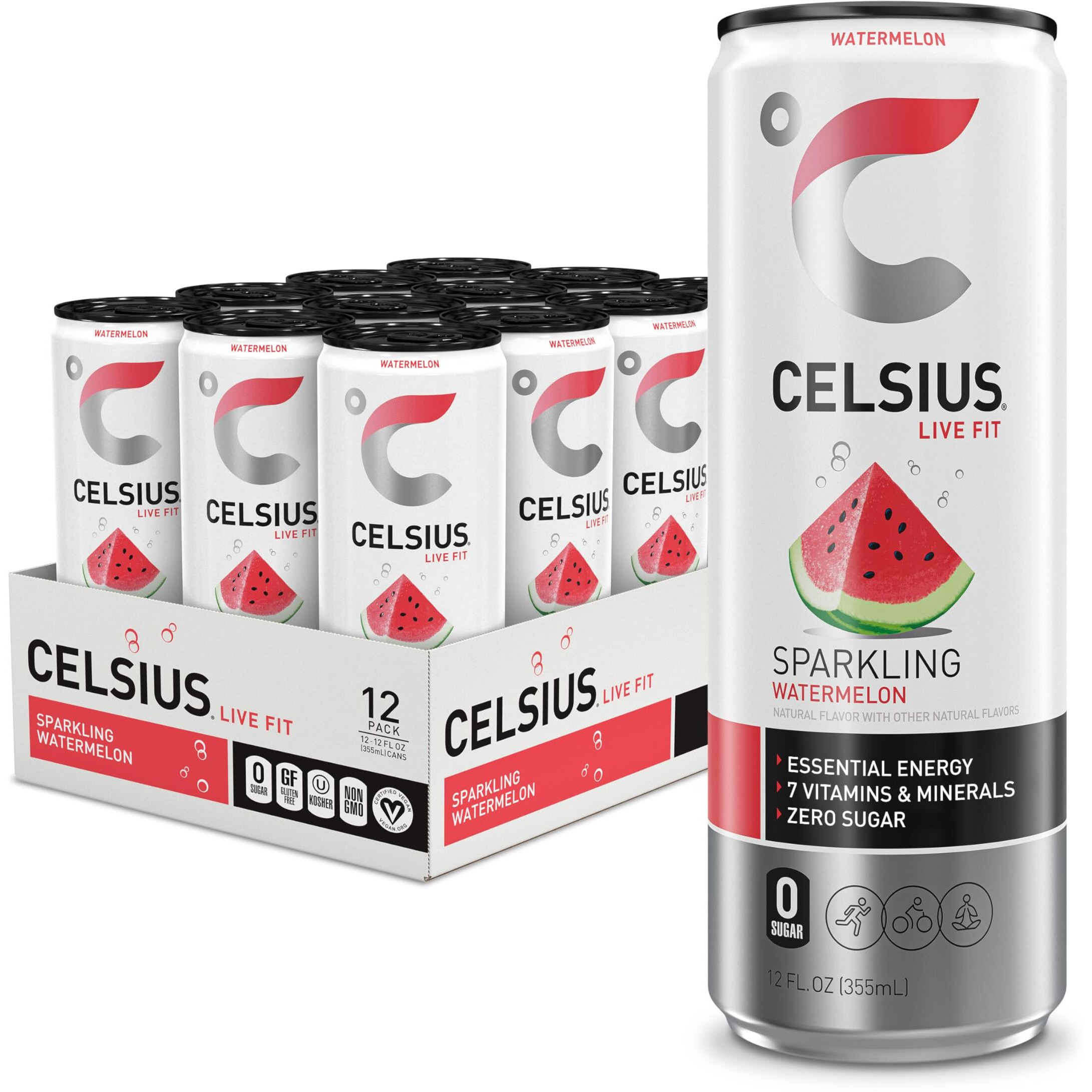 Celsius Sparkling Watermelon, Functional Essential Energy Drink 12 Fl Oz (Pack Of 12)