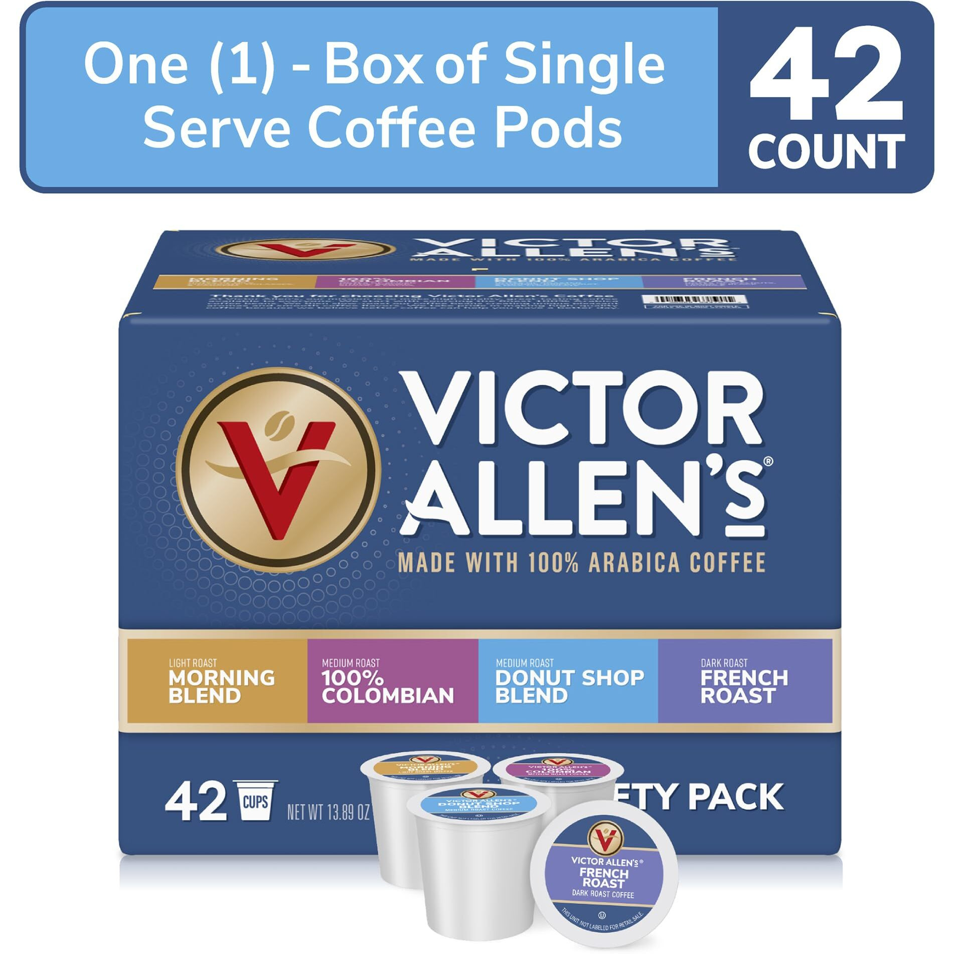 Victor Allen's Coffee Variety Pack (Morning Blend, 100% Colombian, Donut Shop Blend, And French Roast), 42 Count, Single Serve Coffee Pods For Keurig K-Cup Brewers