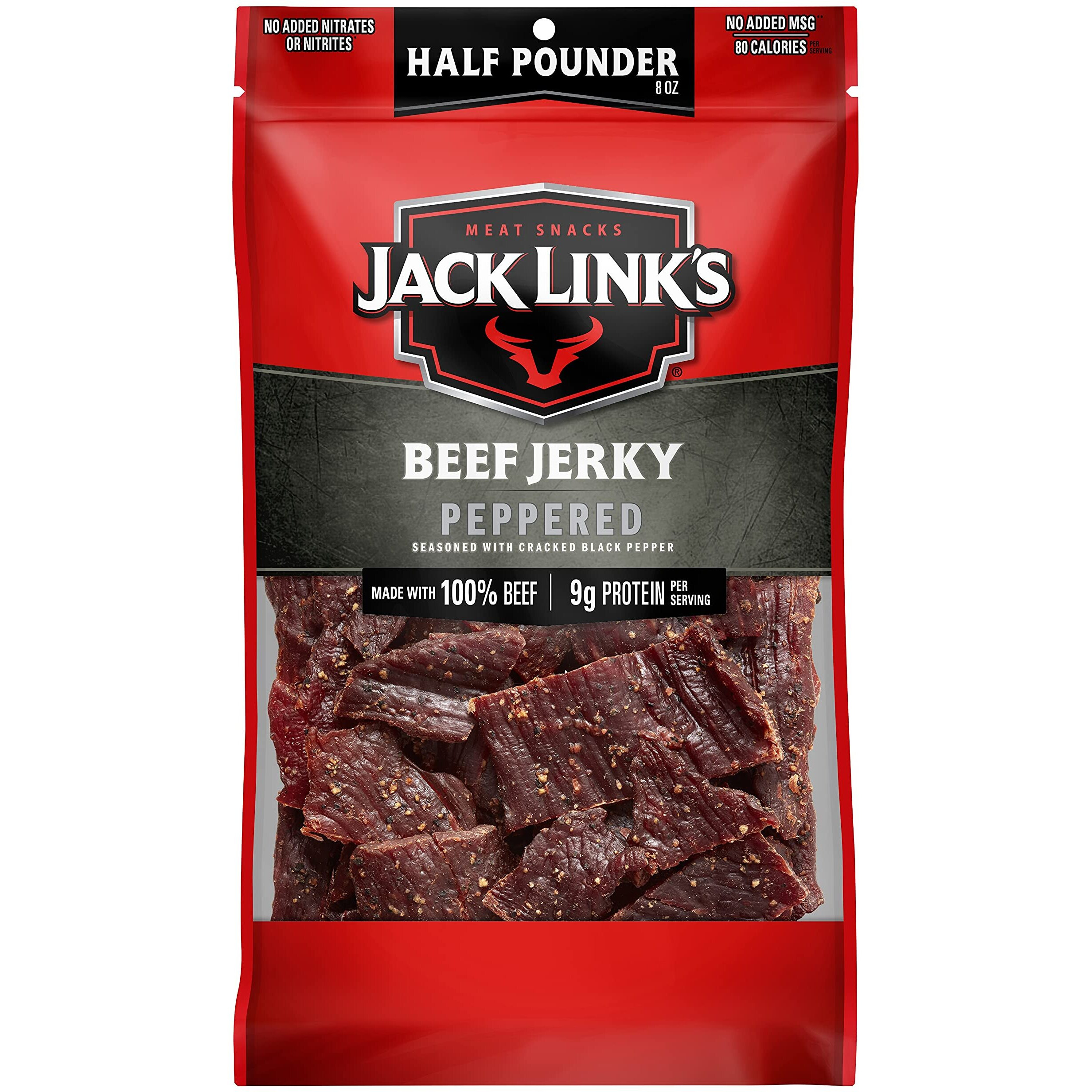 Jack Link's Beef Jerky, Peppered, 1/2 Pounder Bag - Flavorful Meat Snack, 9G Of Protein And 80 Calories, Made With Premium Beef - 96% Fat Free, No Added Msg** Or Nitrates/Nitrites