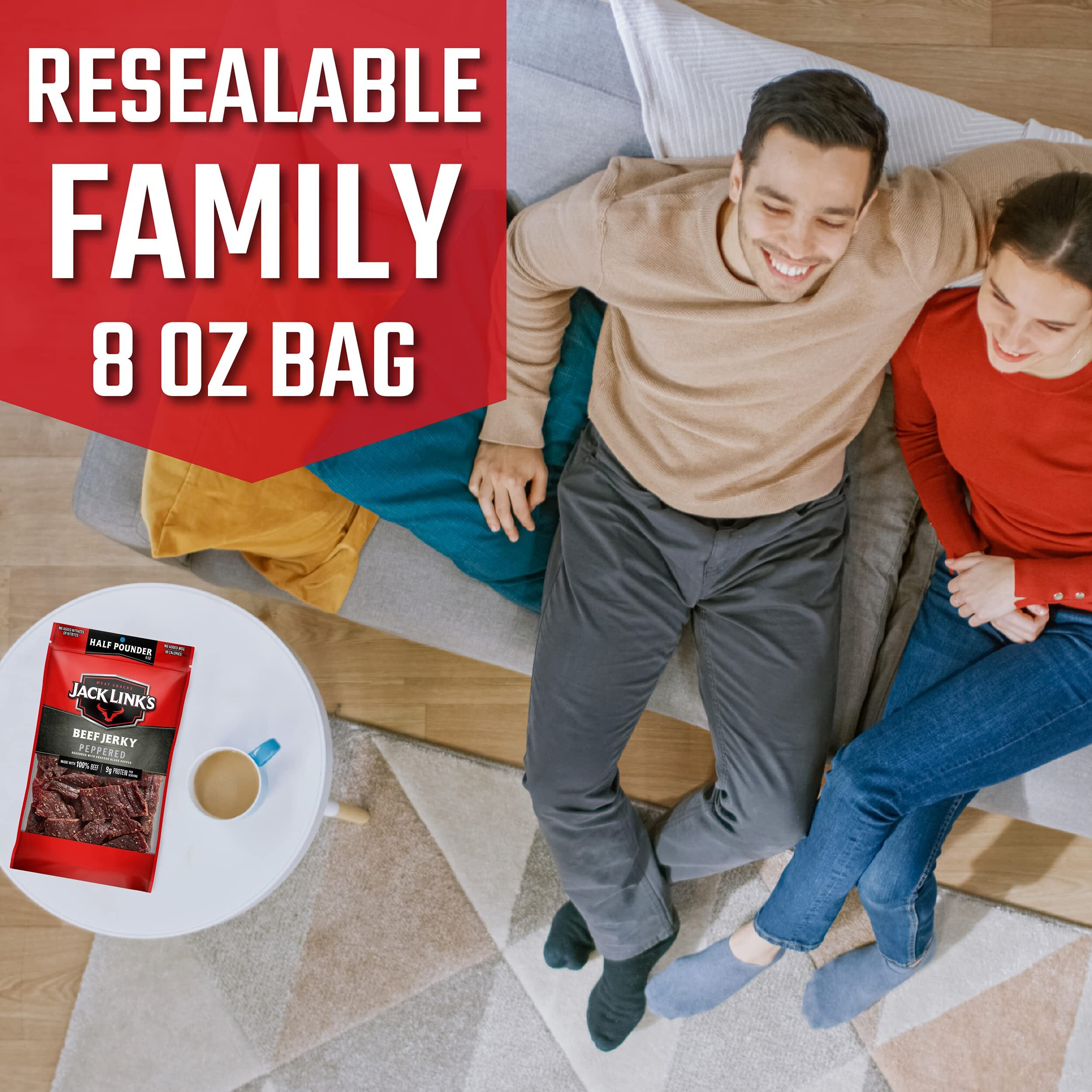 Jack Link's Beef Jerky, Peppered, 1/2 Pounder Bag - Flavorful Meat Snack, 9G Of Protein And 80 Calories, Made With Premium Beef - 96% Fat Free, No Added Msg** Or Nitrates/Nitrites