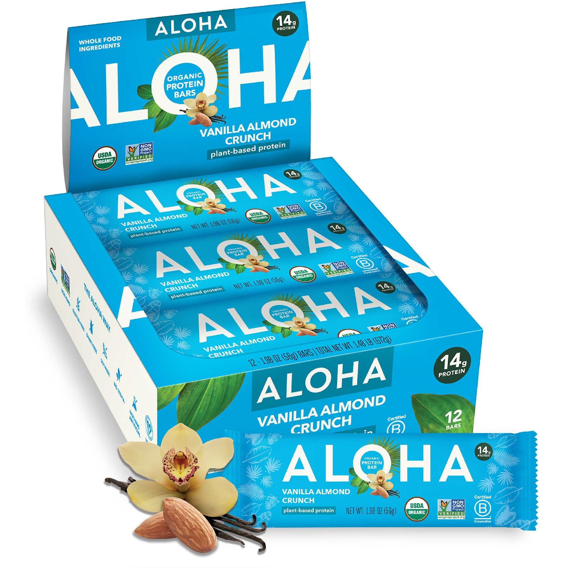 Aloha Organic Plant Based Protein Bars, Vanilla Almond Crunch, 1.98-Ounce Bars, (Pack Of 12)