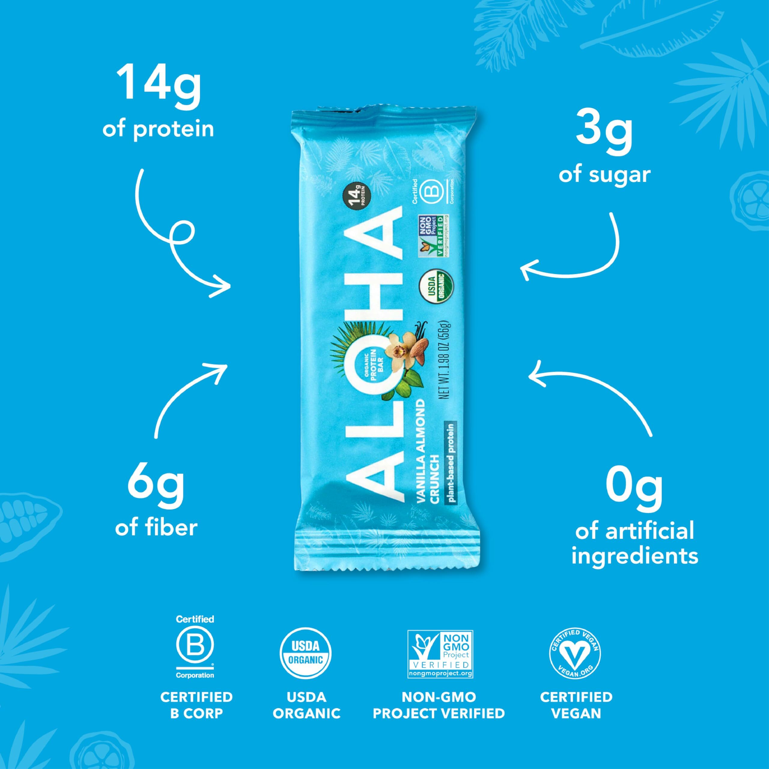 Aloha Organic Plant Based Protein Bars, Vanilla Almond Crunch, 1.98-Ounce Bars, (Pack Of 12)