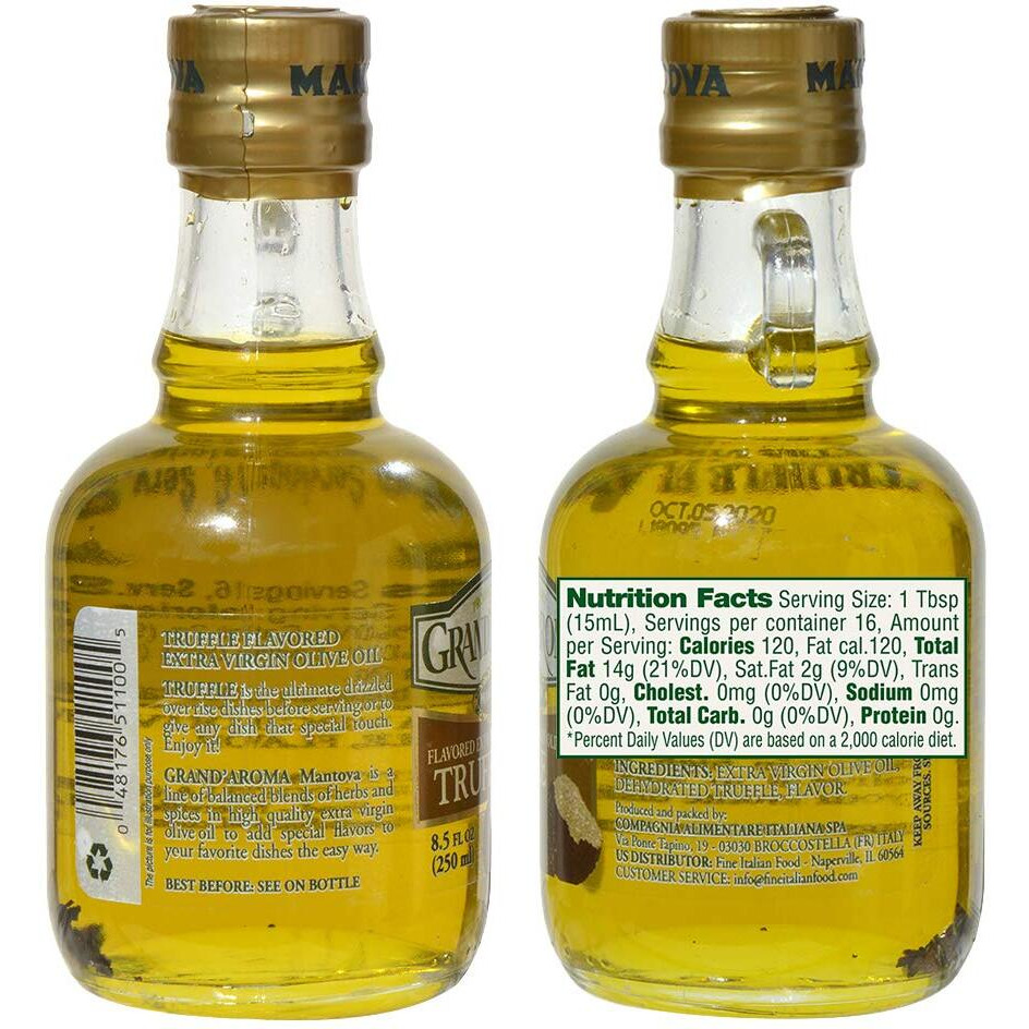 Mantova Grandaroma Truffle Flavored Extra Virgin Olive Oil, Made In Italy, Cold-Pressed, 100% Natural, Heart-Healthy Cooking Oil Perfect For Salad Dressing, Pasta, Garlic Bread, Meats, Or Pan Frying, 8.5 Oz