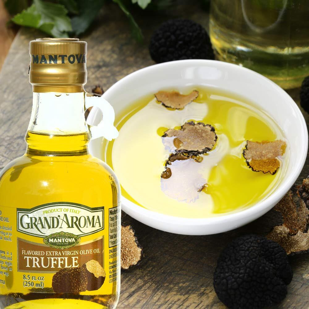 Mantova Grandaroma Truffle Flavored Extra Virgin Olive Oil, Made In Italy, Cold-Pressed, 100% Natural, Heart-Healthy Cooking Oil Perfect For Salad Dressing, Pasta, Garlic Bread, Meats, Or Pan Frying, 8.5 Oz