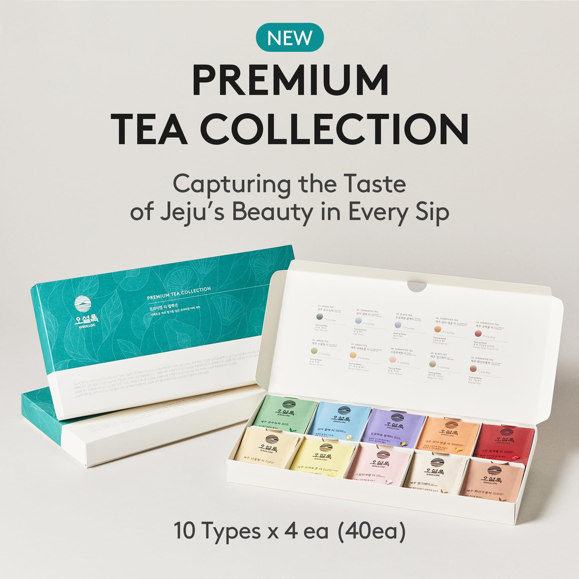 Osulloc Premium Tea Collection (40 Count, 10 Flavors X 4 Ea), Mothers Day Gift Guide, Carefully Curated Tea Sampler - Tea Gift Sets For Tea Lover, Self Care Gift Box, Premium Organic Pure & Blended Tea From Jeju