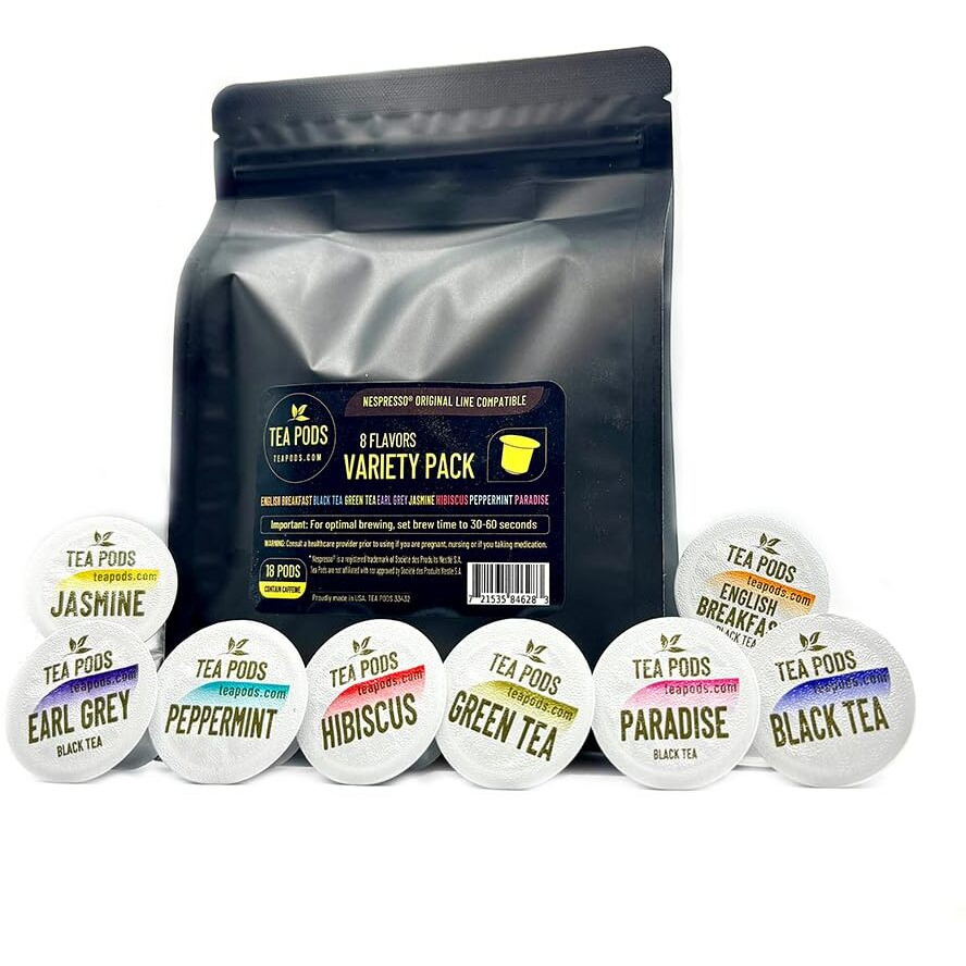 8 Flavors Variety Pack Of Tea Pods Compatible With Nespresso Originalline - 18 Single-Serve Capsules Hibiscus, English Breakfast, Peppermint, Jasmine, Paradise, Green And Black Tea, Earl Grey Bergamot