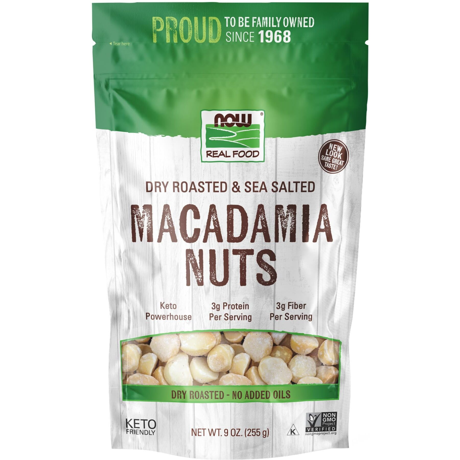 Now Foods, Macadamia Nuts, Dry Roasted With Sea Salt, Source Of Fiber, Gluten-Free And Certified Non-Gmo, 9-Ounce (Packaging May Vary)