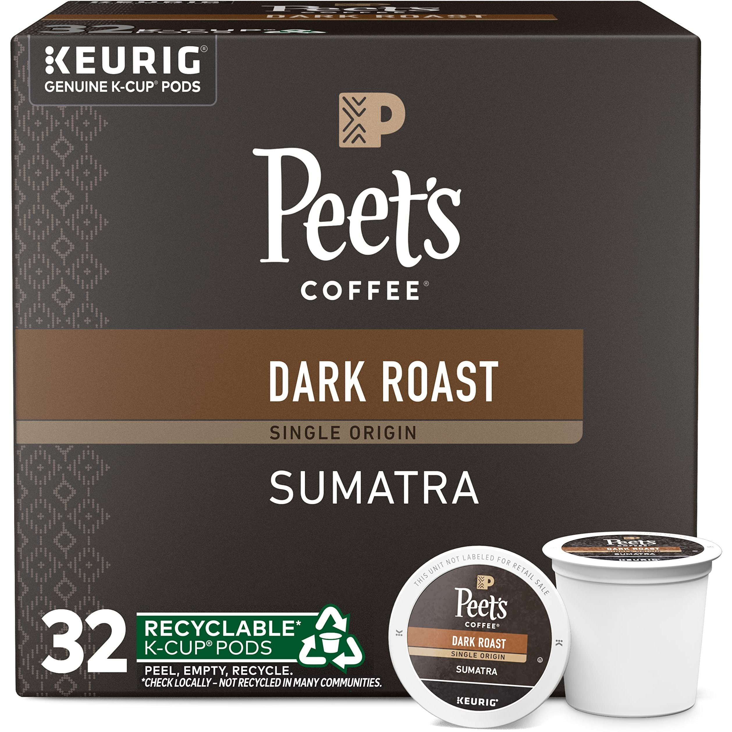 Peet's Coffee, Dark Roast K-Cup Pods For Keurig Brewers - Single Origin Sumatra 32 Count (1 Box Of 32 K-Cup Pods) Packaging May Vary