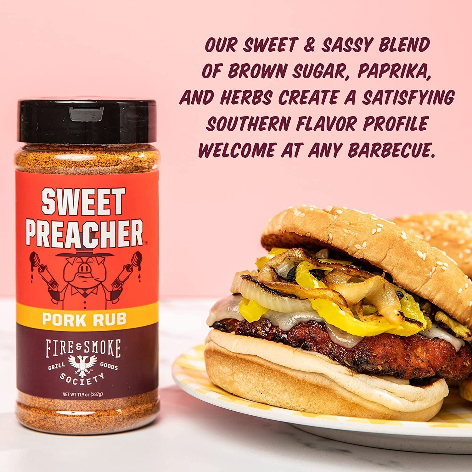 Fire & Smoke Society Sweet Preacher Pork Rub | Bbq Seasoning For Smoking And Grilling Meat | Pulled Pork Ribs Chops, Poultry, Chicken, Beef, Dry Bbq Rubs And Spices | Xl 11.9 Oz