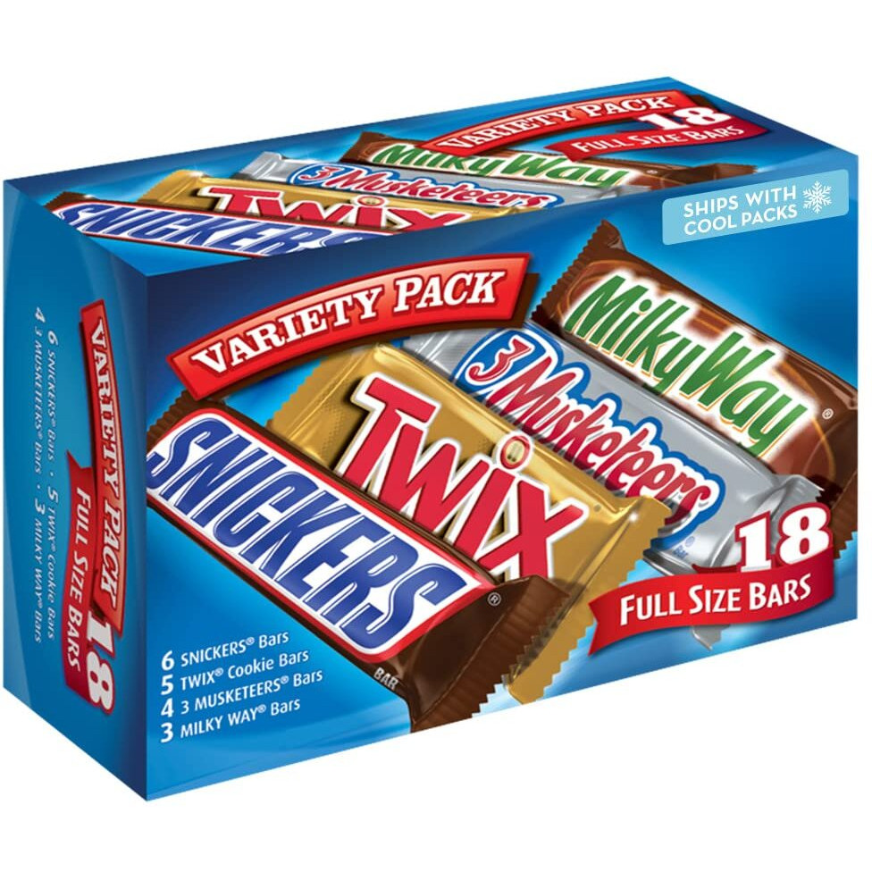 Snickers, Twix, 3 Musketeers & Milky Way Full Size Bars Variety Mix, 18-Count Box