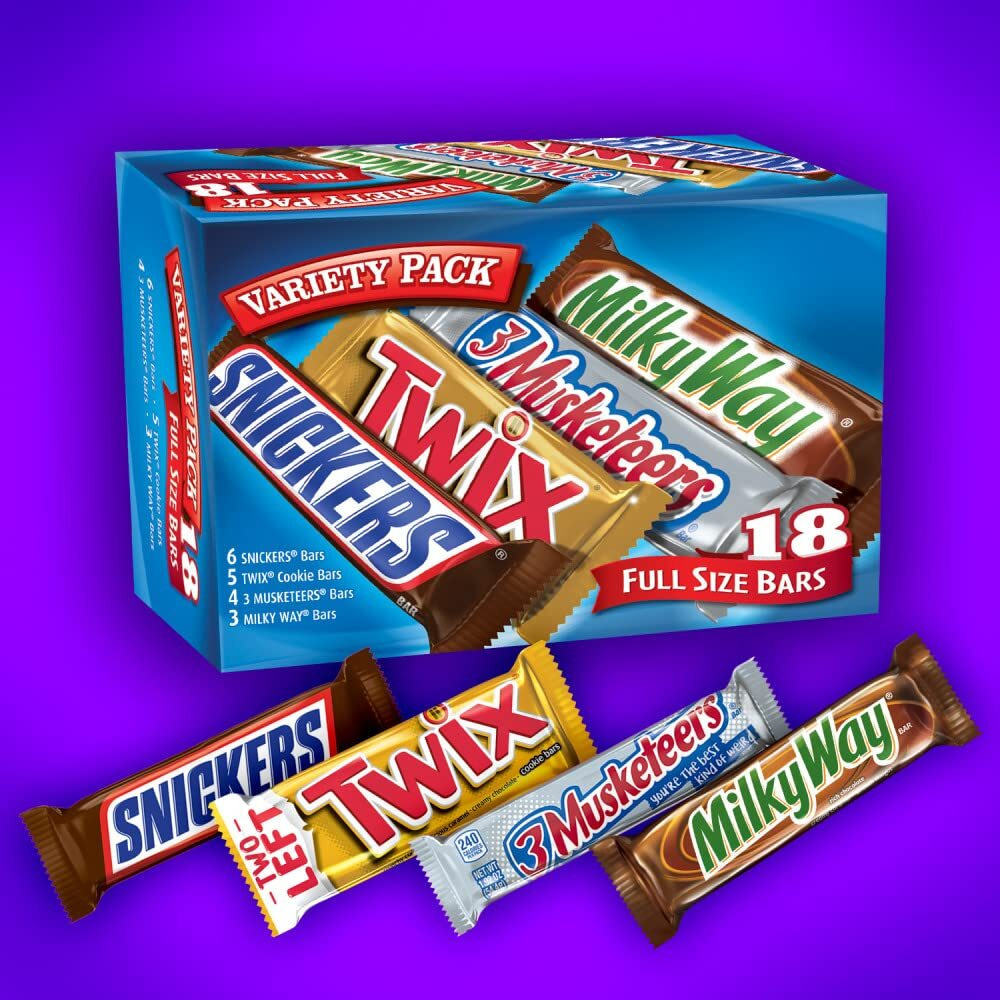 Snickers, Twix, 3 Musketeers & Milky Way Full Size Bars Variety Mix, 18-Count Box