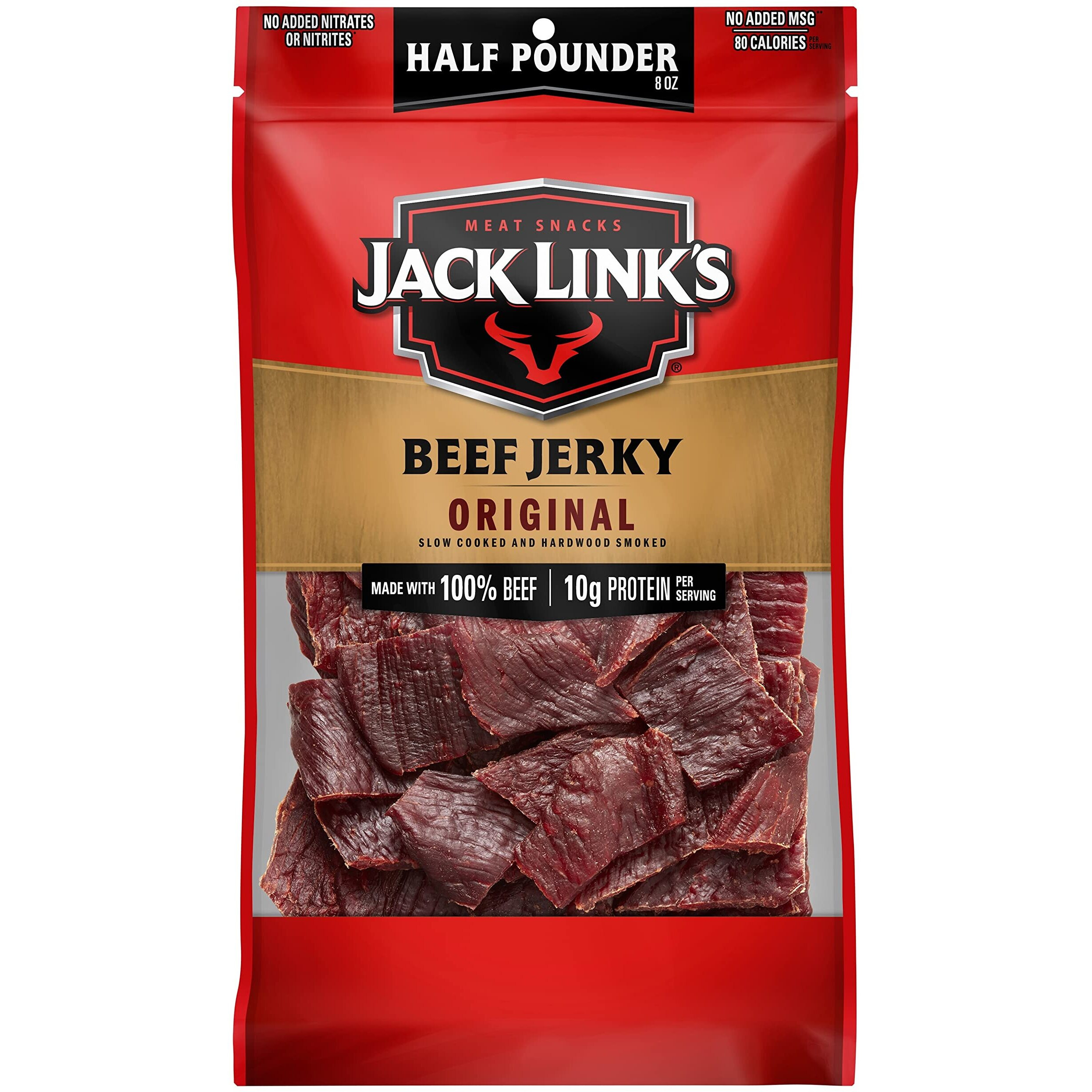 Jack Link's Beef Jerky, Original, 1/2 Pounder Bag - Flavorful Meat Snack, 10G Of Protein And 80 Calories, Made With Premium Beef - 96% Fat Free, No Added Msg** Or Nitrates/Nitrites, 8Oz