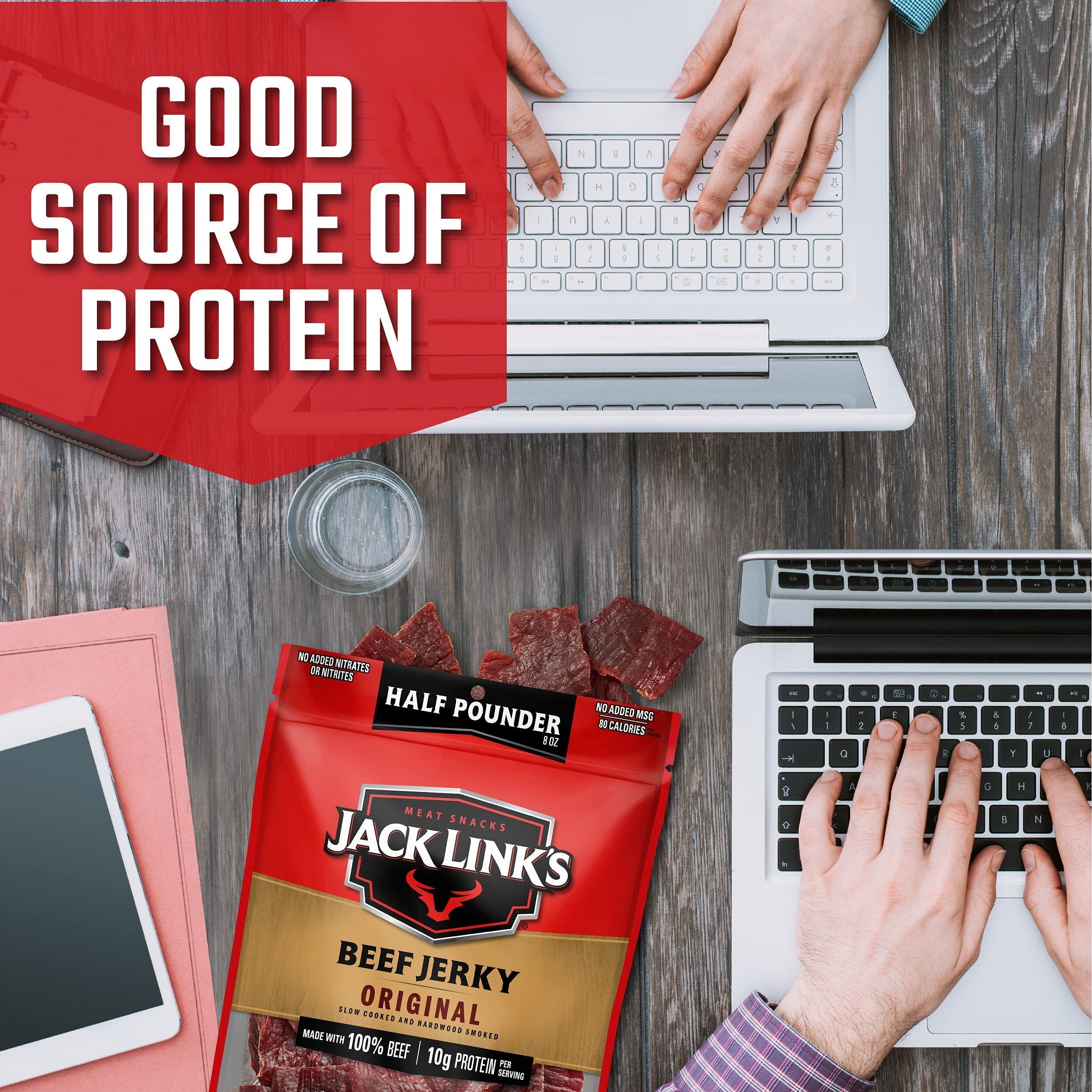Jack Link's Beef Jerky, Original, 1/2 Pounder Bag - Flavorful Meat Snack, 10G Of Protein And 80 Calories, Made With Premium Beef - 96% Fat Free, No Added Msg** Or Nitrates/Nitrites, 8Oz