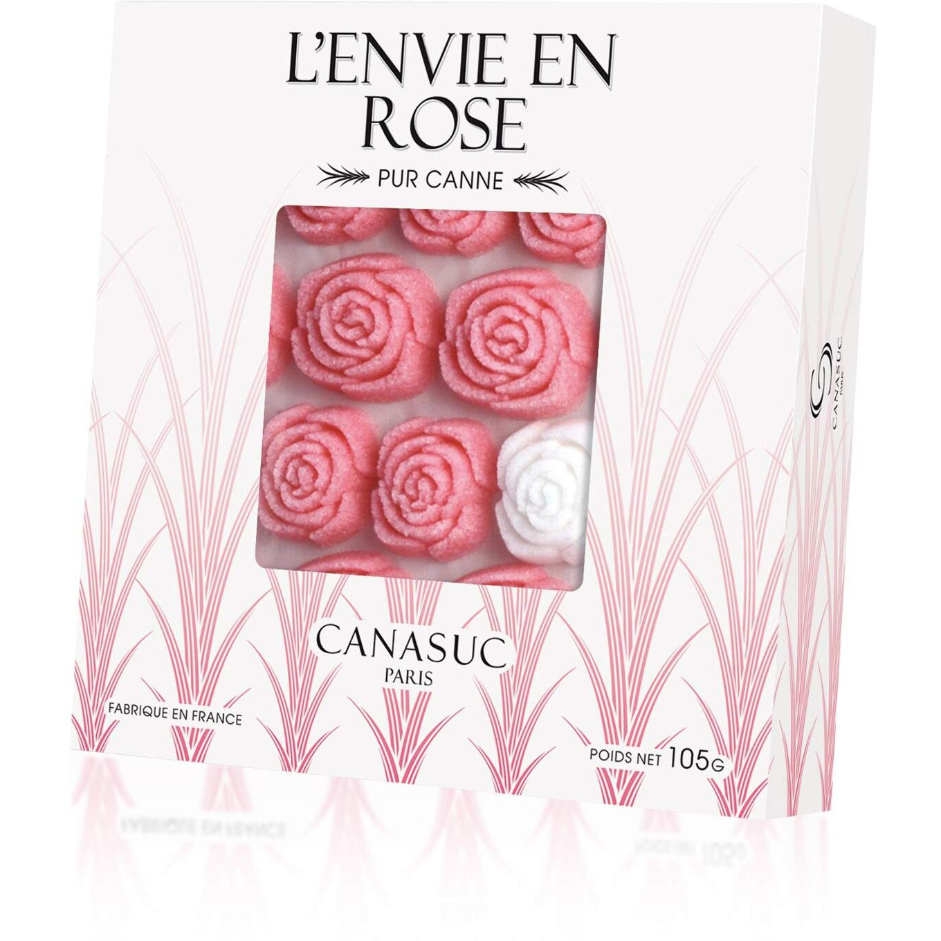 Canasuc Paris, L' Envie En Rose Pur Sucre De Canne,"&quotWindow Gift Box"" Of 36 Assorted French Molded Rose Sugar Pieces, White & Rose, 3.35 Oz