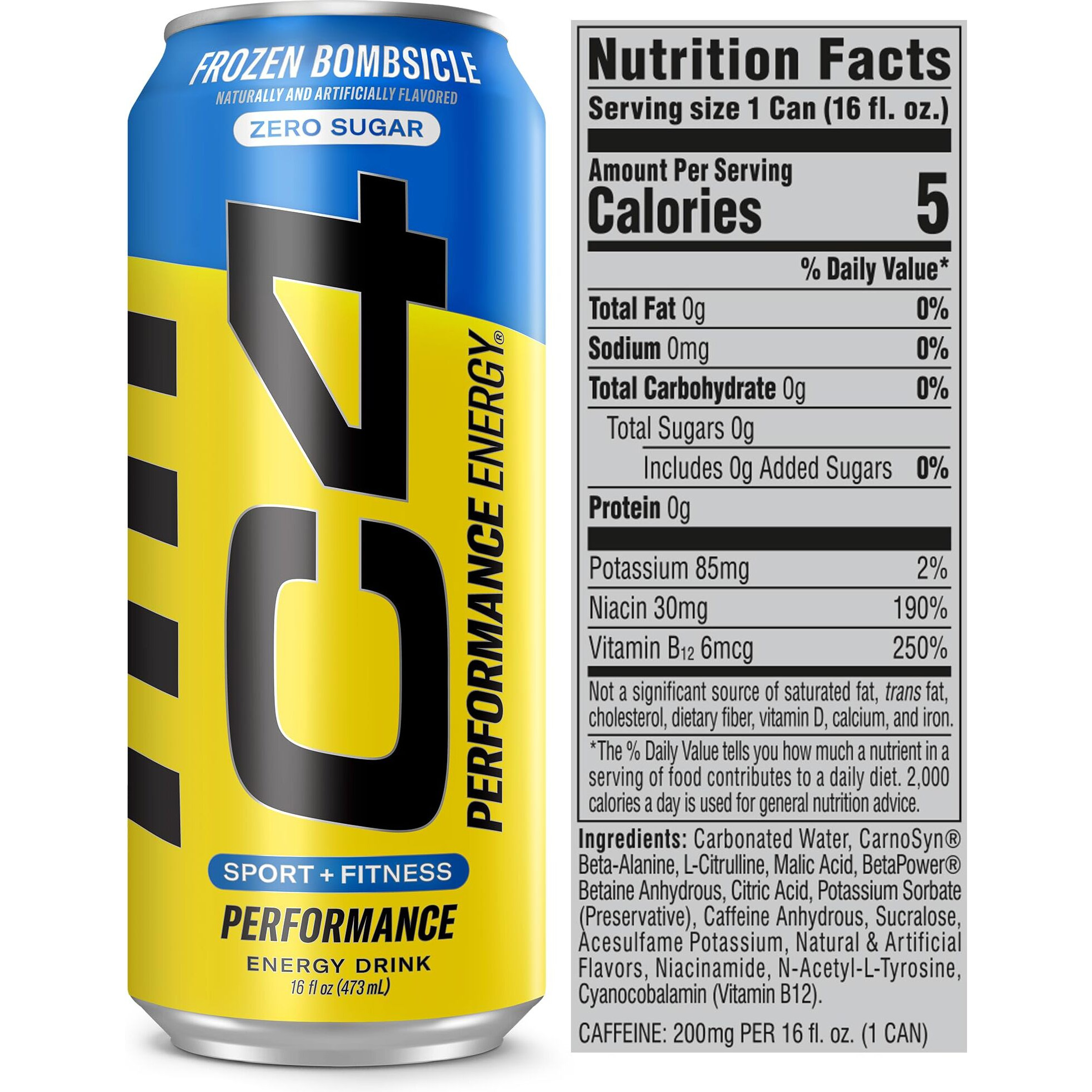 C4 Energy Drink 16Oz (Pack Of 12) - Frozen Bombsicle - Sugar Free Pre Workout Performance Drink With No Artificial Colors Or Dyes