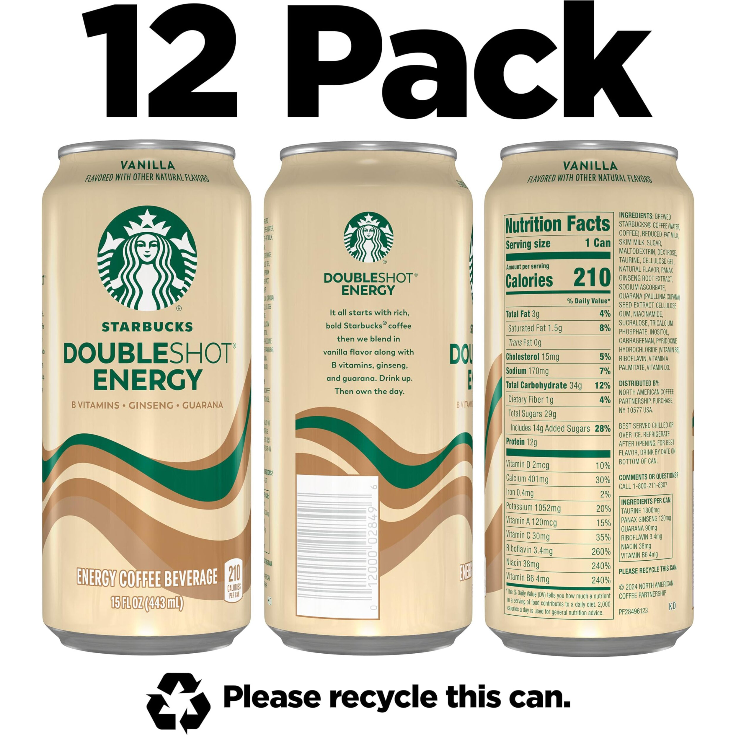 Starbucks Doubleshot Energy Drink Coffee Beverage, Vanilla, Iced Coffee, 15 Fl Oz Cans (12 Pack) (Packaging May Vary)