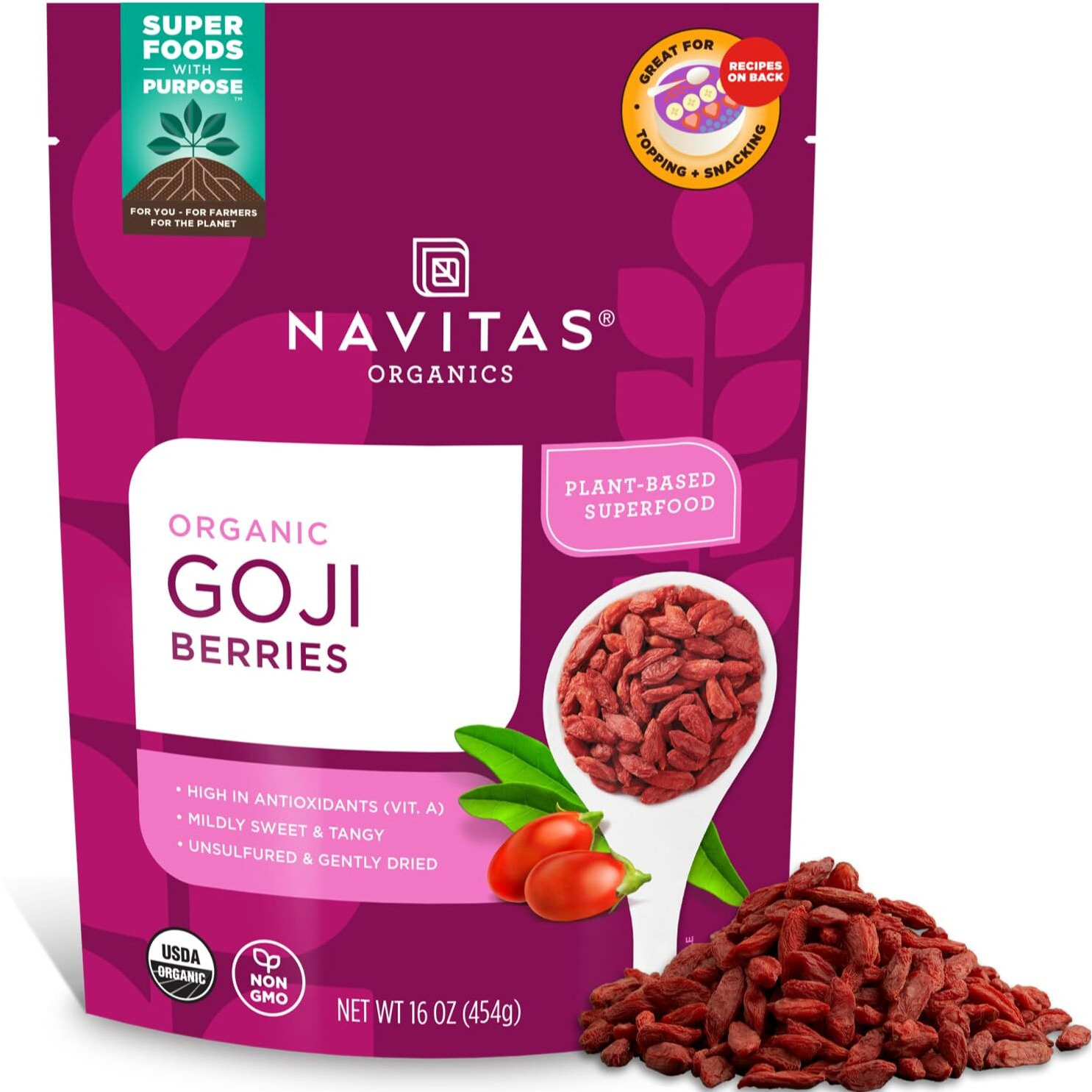 Navitas Organics Goji Berries, 16 Oz. Bag, 15 Servings - Organic, Non-Gmo, Sun-Dried, Sulfite-Free