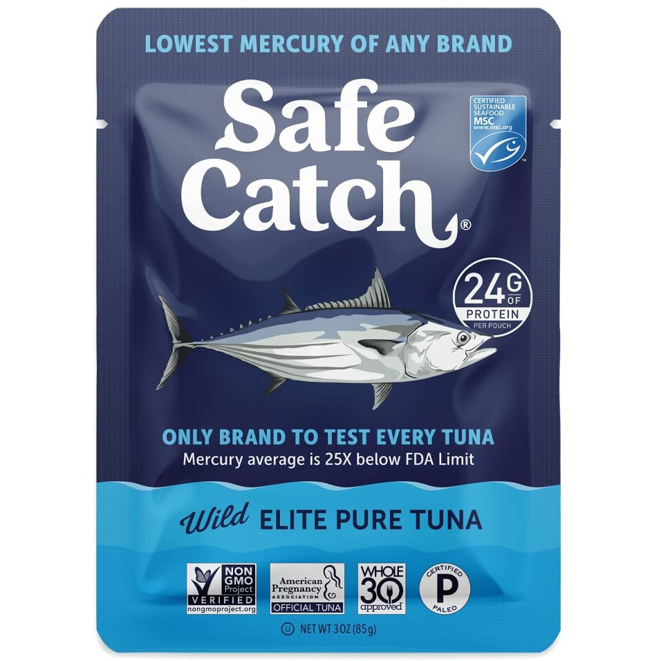 Safe Catch Elite Tuna Wild-Caught Lowest Mercury Tuna Fish Pouch Gluten-Free Keto Food Non-Gmo Kosher Paleo-Friendly High Protein Snack, No Water Oil Tuna, Pack Of 12 Tuna Pouches 3Oz