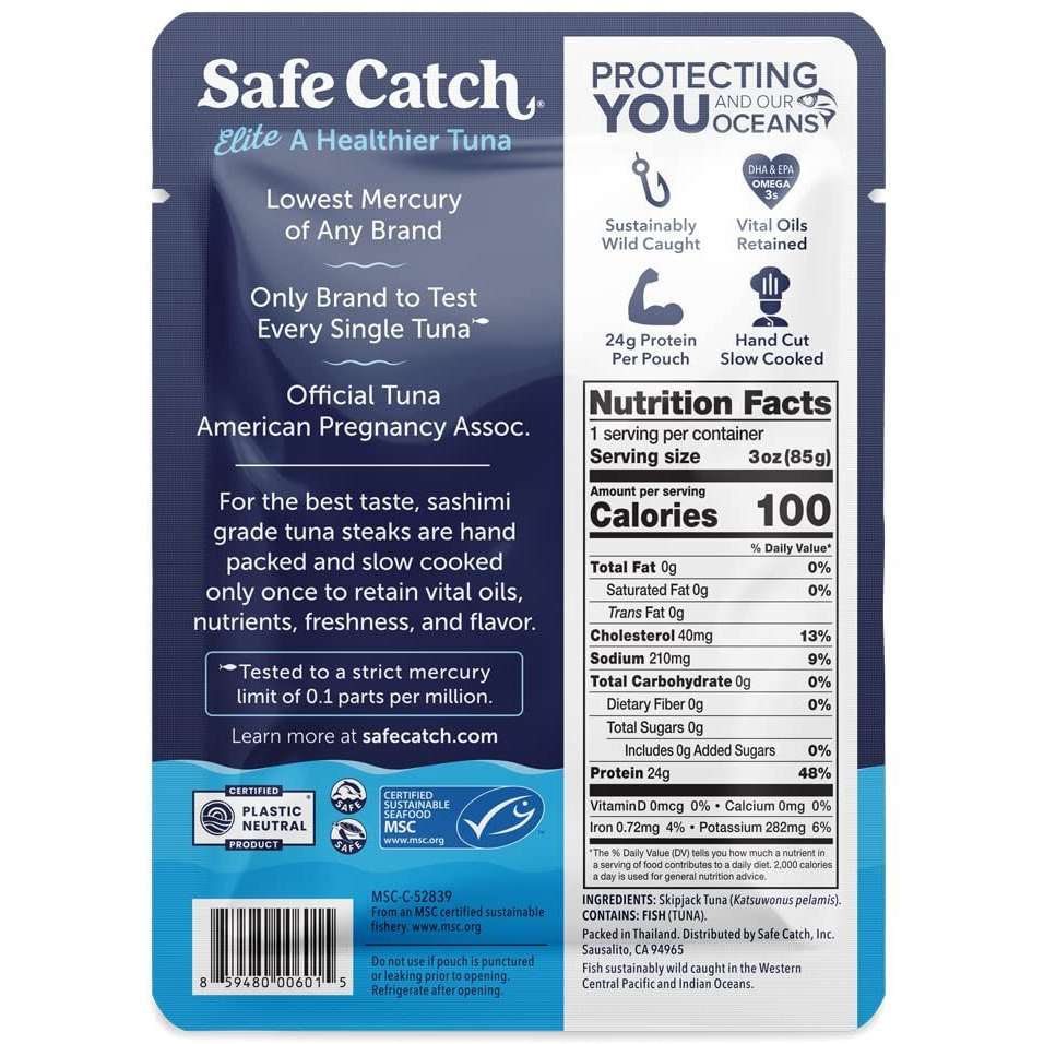 Safe Catch Elite Tuna Wild-Caught Lowest Mercury Tuna Fish Pouch Gluten-Free Keto Food Non-Gmo Kosher Paleo-Friendly High Protein Snack, No Water Oil Tuna, Pack Of 12 Tuna Pouches 3Oz