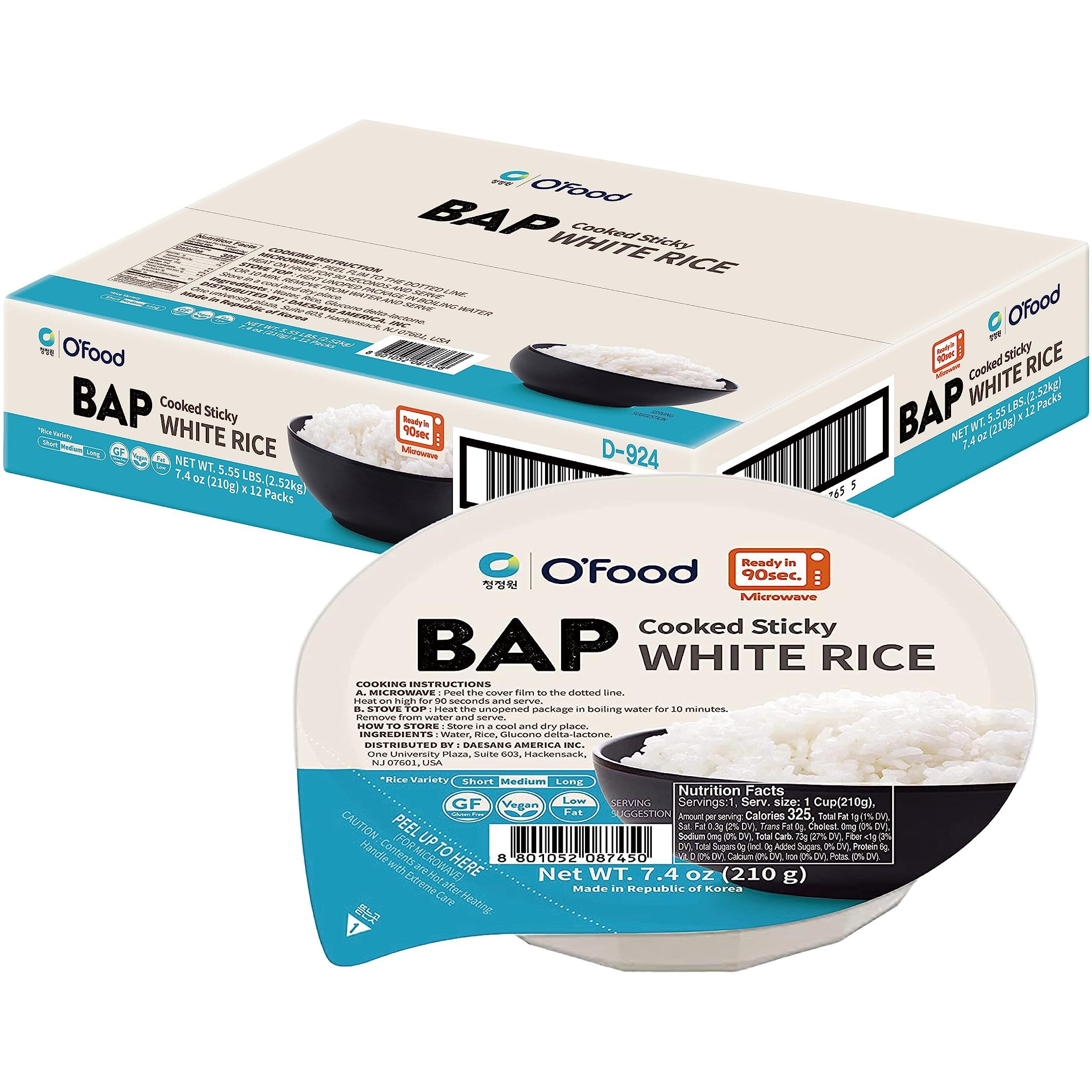 O'Food Bap Instant Rice (Pack Of 12), Korean Cooked White Rice, Microwavable, Gluten-Free Sticky Rice Bowl, Asian Rice, Pantry Staple, Microwave Safe, Perfect With Kimchi, Noodles, Soup