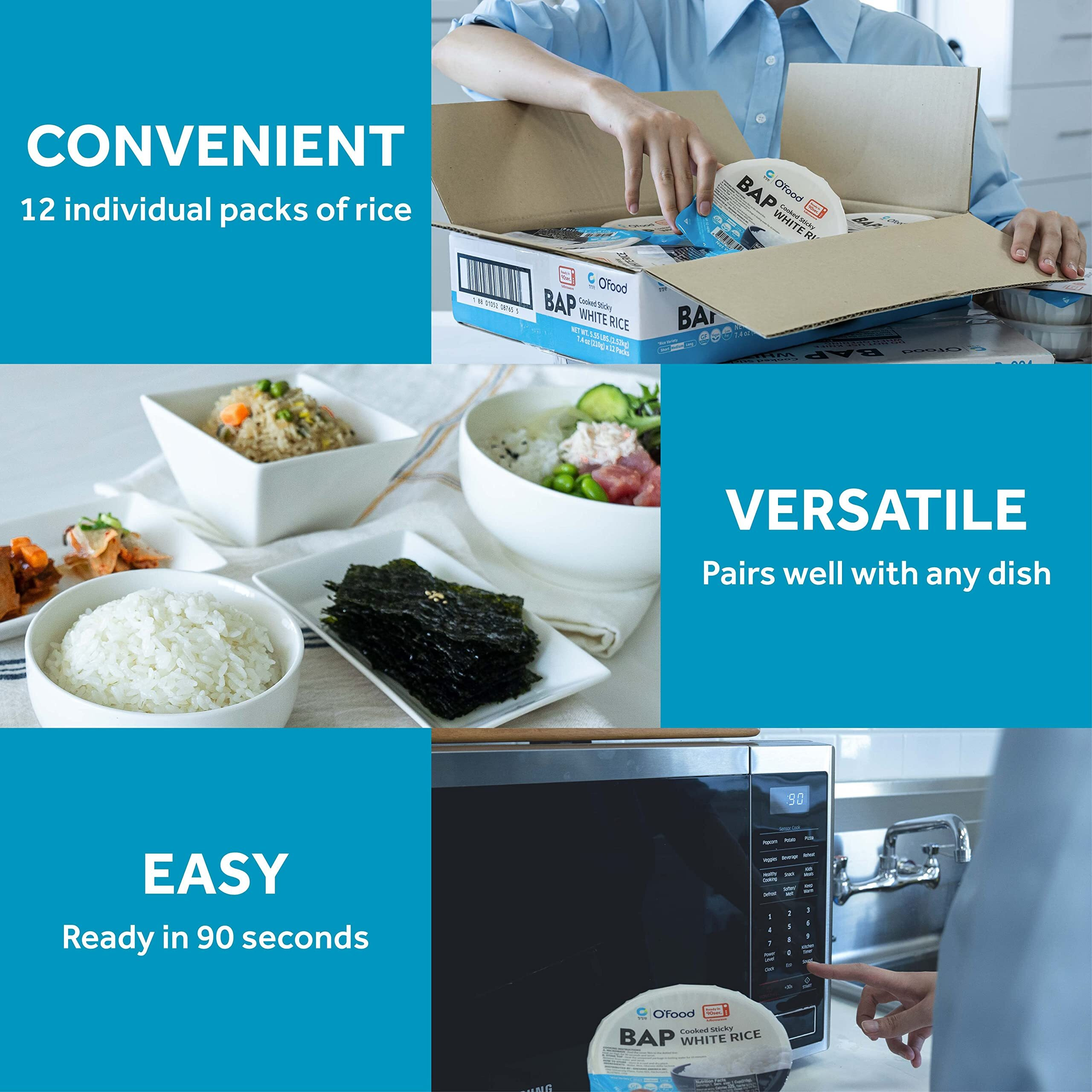 O'Food Bap Instant Rice (Pack Of 12), Korean Cooked White Rice, Microwavable, Gluten-Free Sticky Rice Bowl, Asian Rice, Pantry Staple, Microwave Safe, Perfect With Kimchi, Noodles, Soup