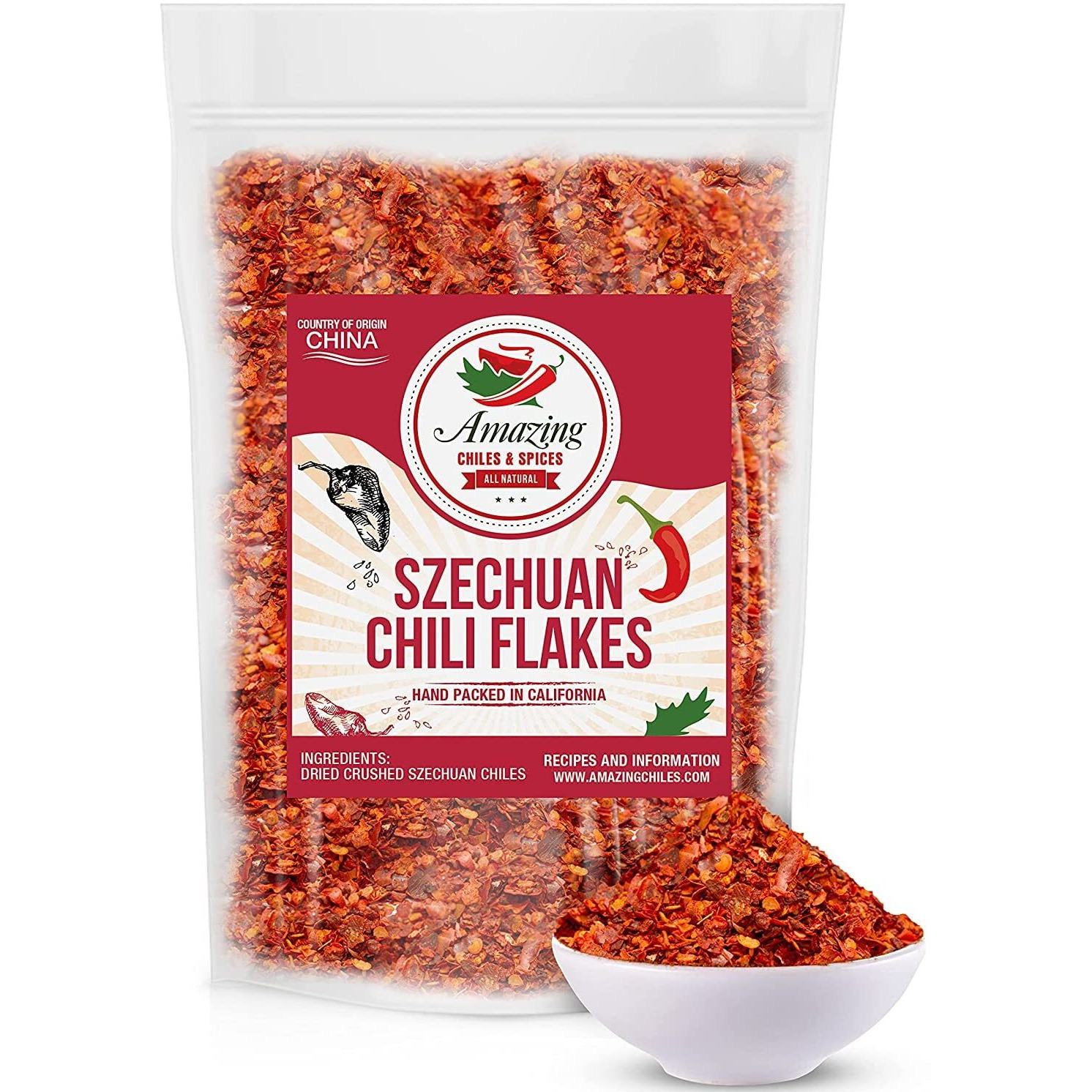 Sichuan Chili Flakes, 1Lb (16Oz) - Traditional Red Pepper Spices And Szechuan Seasoning For Thai, Korean, Mexican, And Asian Dishes, Authentic Medium Hot Flavor For Kimchi, Pizza, Tacos, Or Oils By Amazing Chiles And Spices