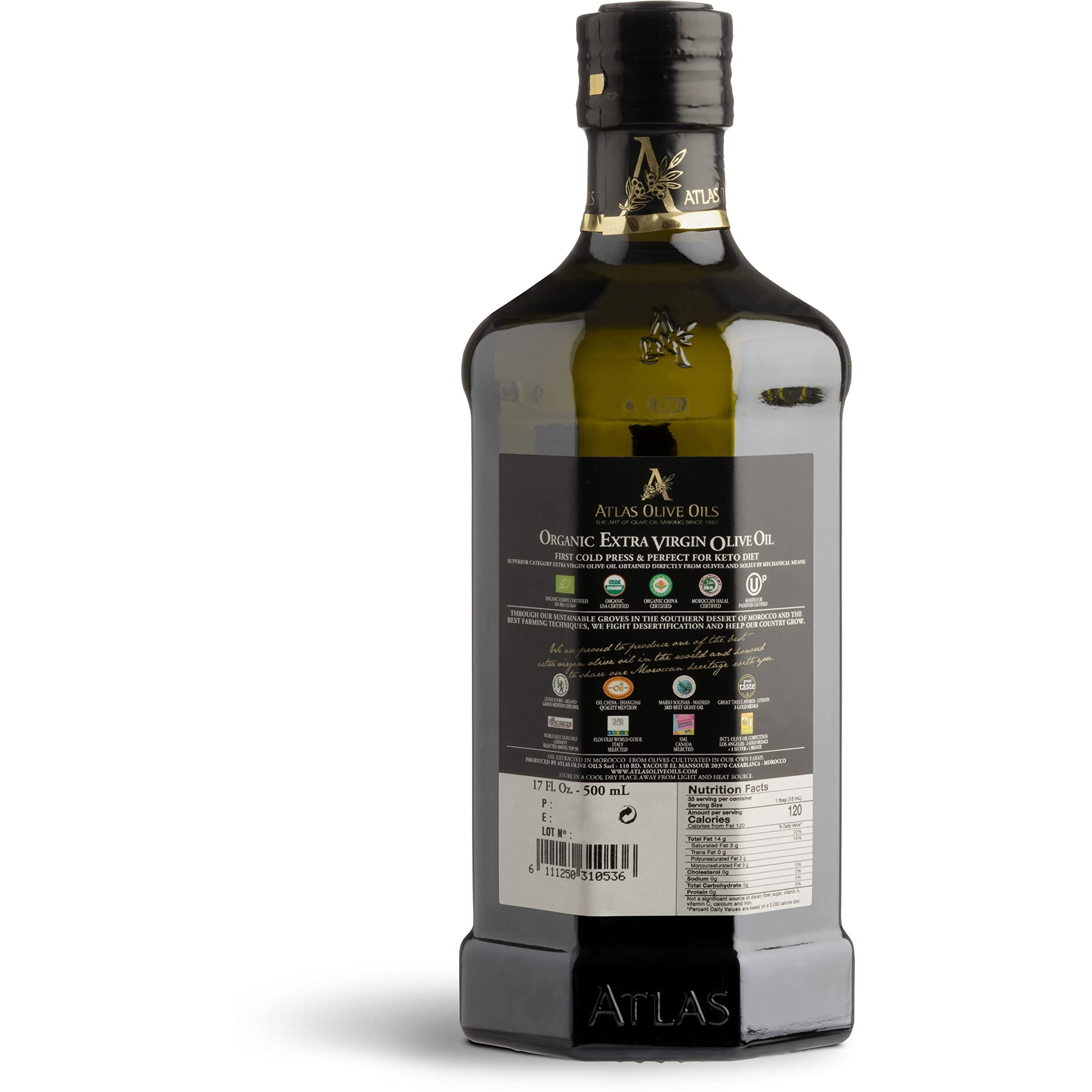 Atlas Organic Cold Pressed Moroccan Extra Virgin Olive Oil, Polyphenol Rich | Evoo From Morocco, Newly Harvested Unprocessed From One Single Family Farm | Trusted By Michelin Star Chefs | 500 Ml