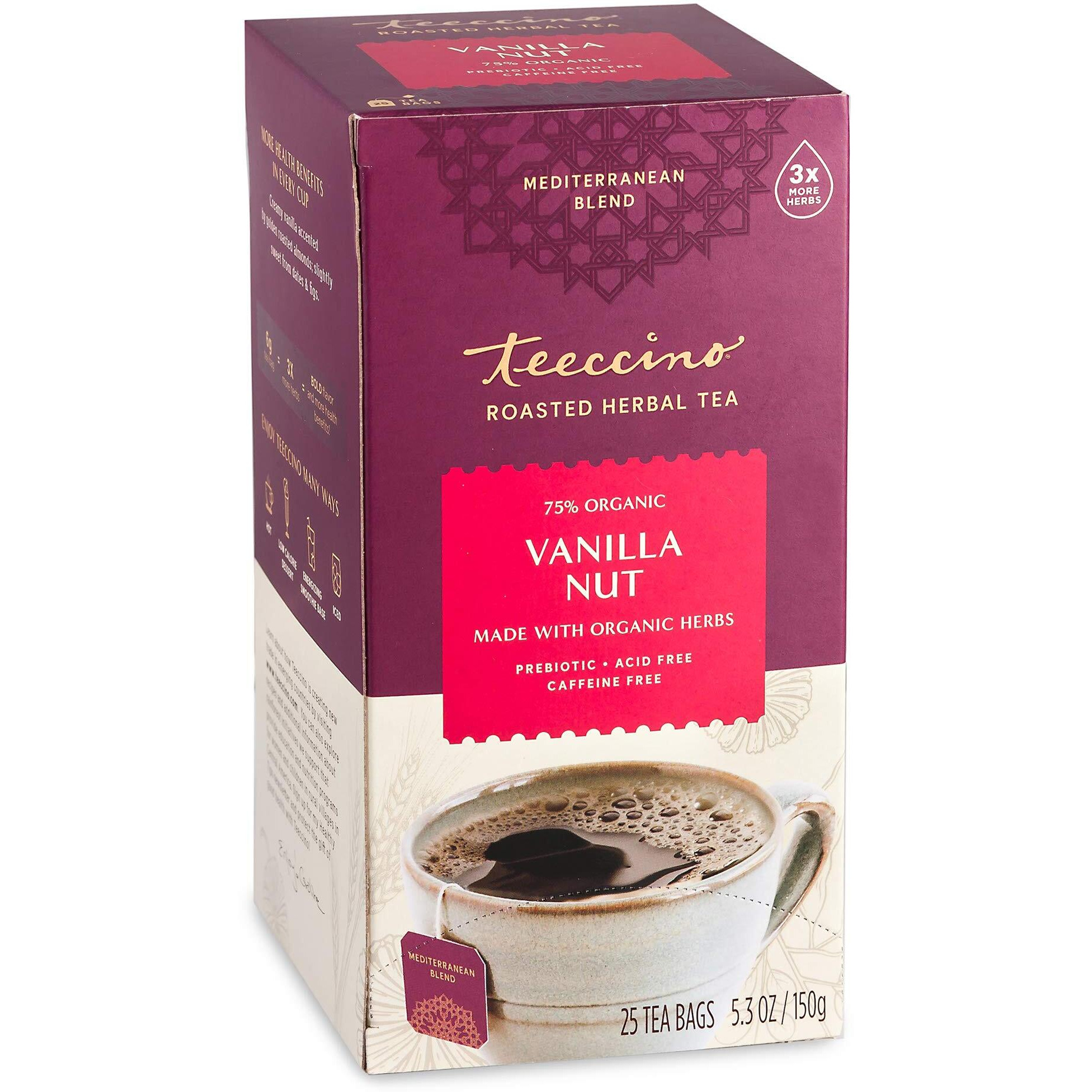 Teeccino Vanilla Nut Herbal Tea - Rich & Roasted Herbal Tea Thats Caffeine Free & Prebiotic For Natural Energy, 25 Tea Bags