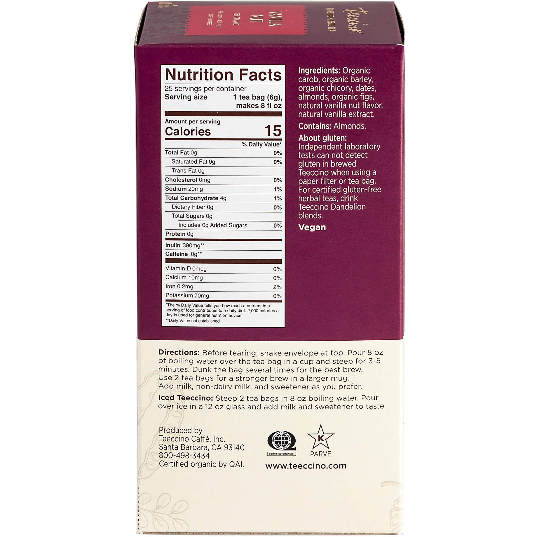 Teeccino Vanilla Nut Herbal Tea - Rich & Roasted Herbal Tea Thats Caffeine Free & Prebiotic For Natural Energy, 25 Tea Bags