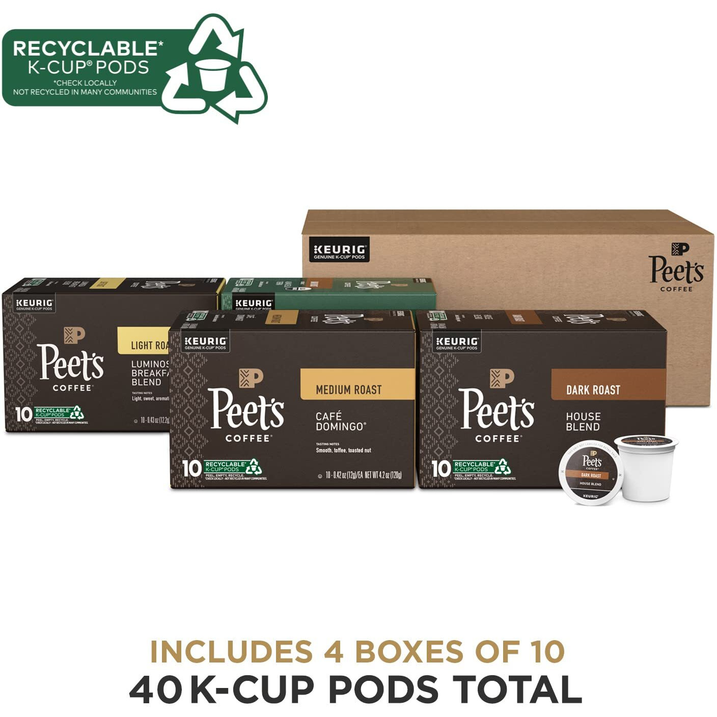 Peet's Coffee, Dark, Medium, And Light Roast K-Cup Pods For Keurig Brewers - Variety Pack, Luminosa Breakfast Blend, Caf   Domingo, Organic Alma De La Tierra, House Blend, 40 Count (4 Boxes Of 10 K-Cup Pods)