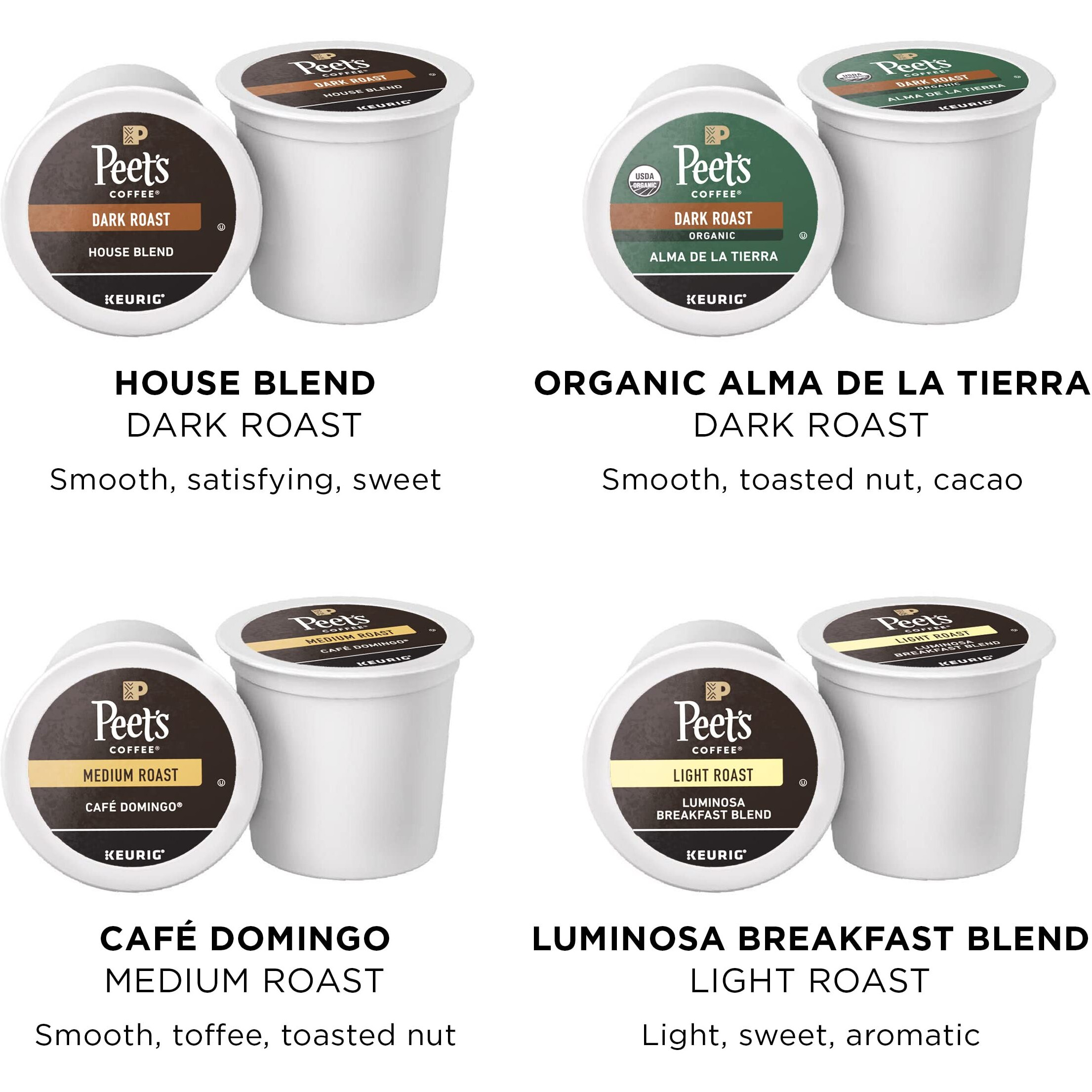 Peet's Coffee, Dark, Medium, And Light Roast K-Cup Pods For Keurig Brewers - Variety Pack, Luminosa Breakfast Blend, Caf   Domingo, Organic Alma De La Tierra, House Blend, 40 Count (4 Boxes Of 10 K-Cup Pods)