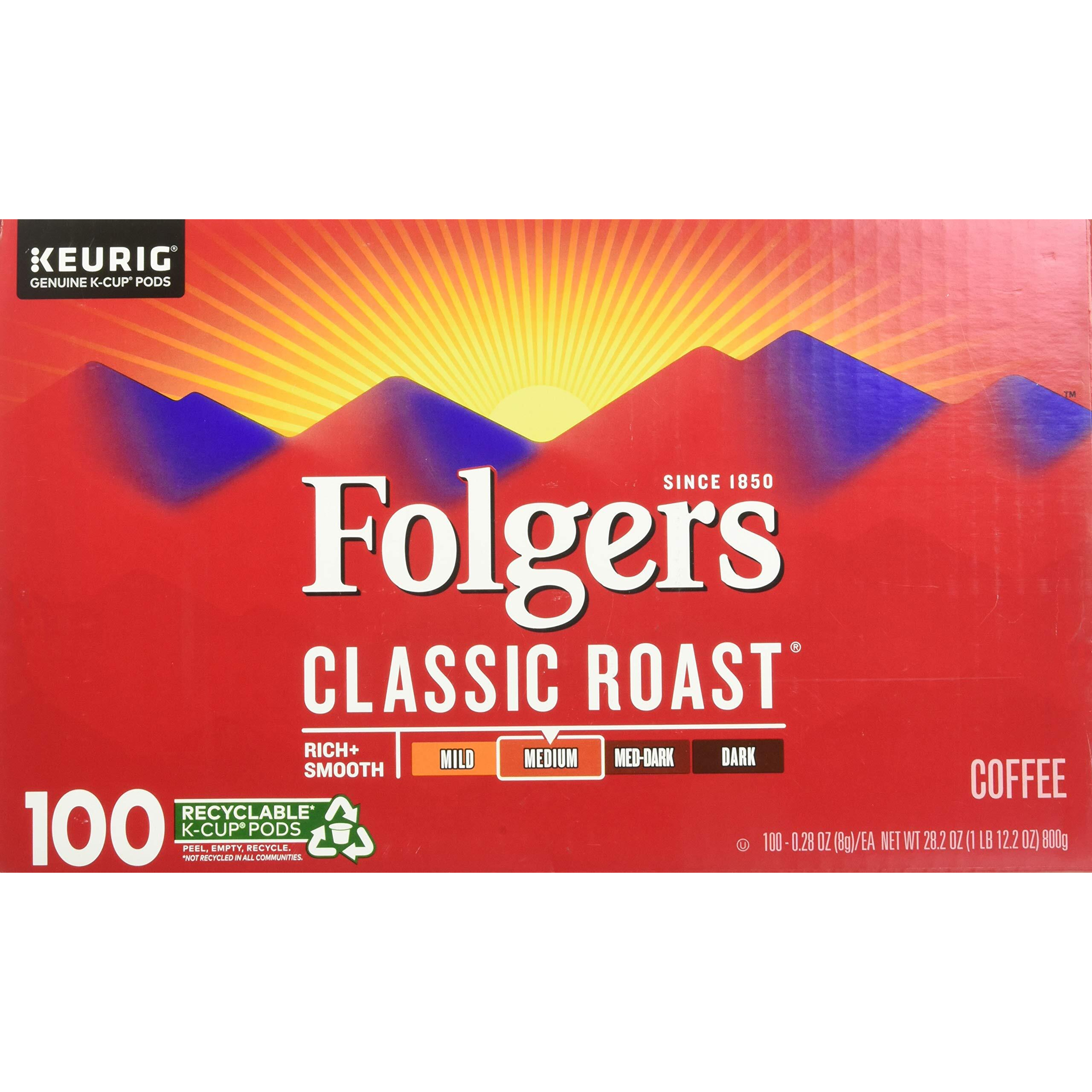 Folger's Medium Classic Roast Coffee 100 K Cup Pods/ 0.28 Ounce Net Wt 28.2 Ounce, Rich + Smooth, 28.2 Ounce