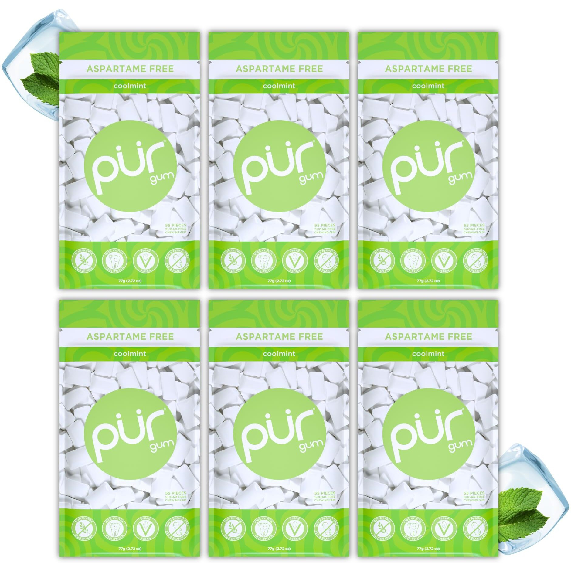 Pur Gum | Aspartame Free Chewing Gum | 100% Xylitol | Natural Coolmint Flavored Gum, 55 Pieces (Pack Of 6)