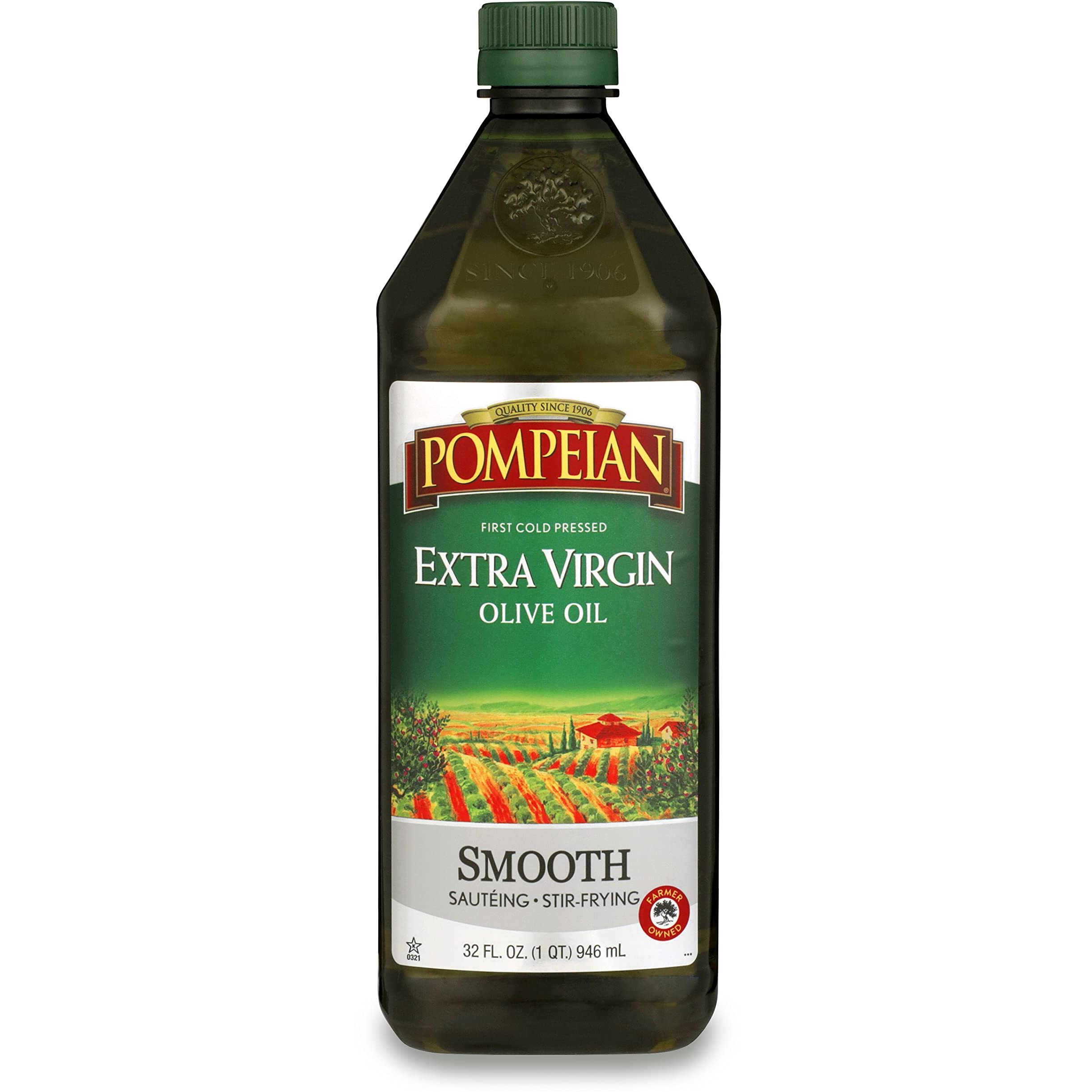Pompeian Smooth Extra Virgin Olive Oil, First Cold Pressed, Mild And Delicate Flavor, Perfect For Sauteing & Stir-Frying, Naturally Gluten Free, Non-Allergenic, Non-Gmo, 32 Fl Oz
