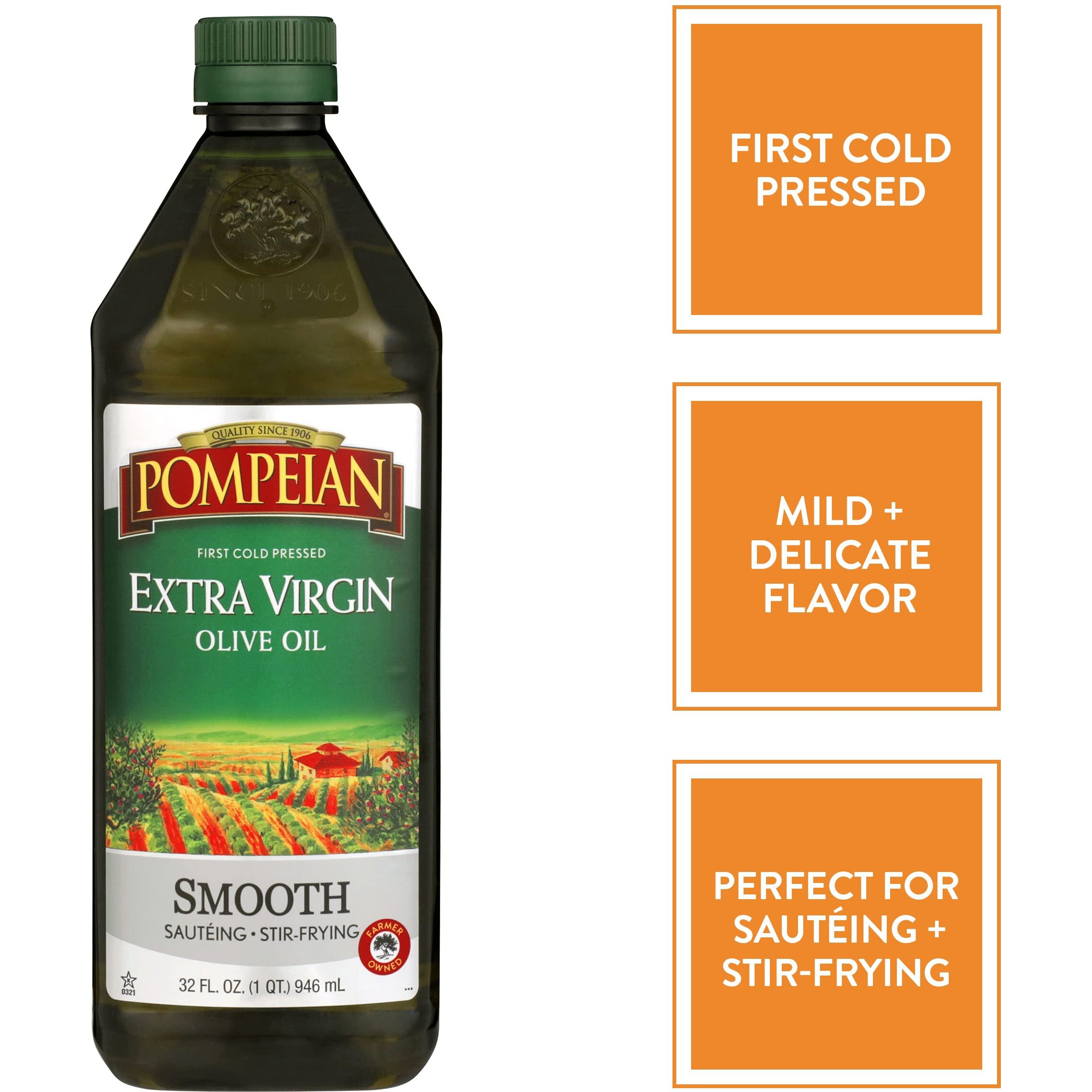 Pompeian Smooth Extra Virgin Olive Oil, First Cold Pressed, Mild And Delicate Flavor, Perfect For Sauteing & Stir-Frying, Naturally Gluten Free, Non-Allergenic, Non-Gmo, 32 Fl Oz