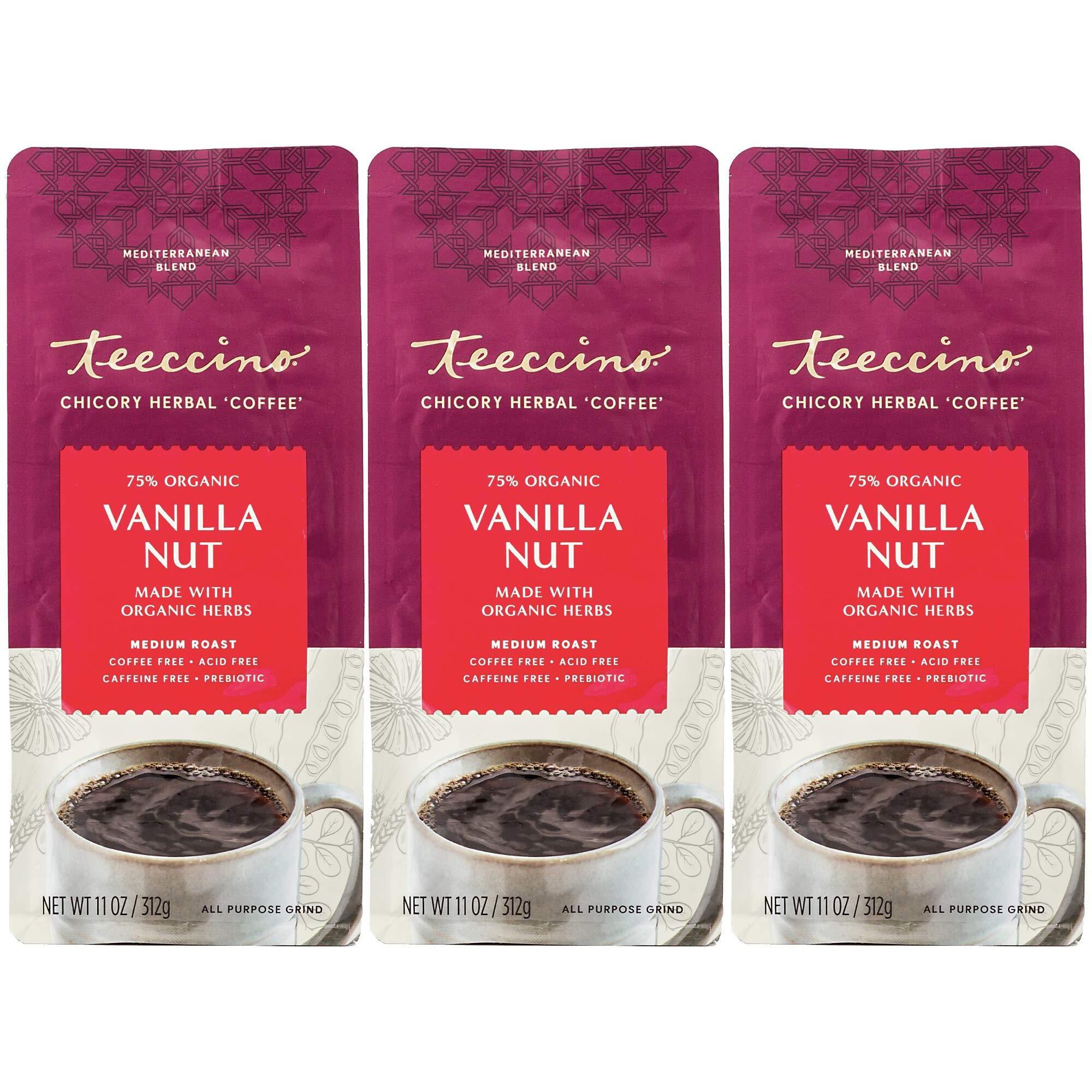Teeccino Vanilla Nut Chicory Coffee Alternative - Ground Herbal Coffee Thats Prebiotic, Caffeine Free & Acid Free, Medium Roast, 11 Ounce (Pack Of 3)