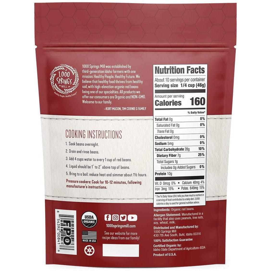 1000 Springs Mill - Organic Red Beans | Used For Soups, Salads, Chili Or As A Sweet Paste For Desserts | Bulk Dry Red Beans | Resealable Bag | Vegan Friendly | 16Oz (Pack Of 1)