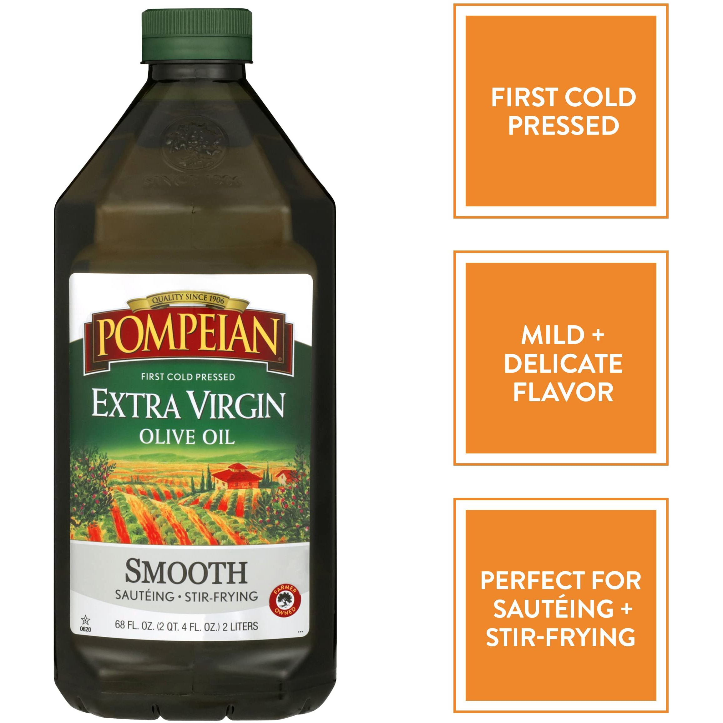 Pompeian Smooth Extra Virgin Olive Oil, First Cold Pressed, Mild And Delicate Flavor, Perfect For Sauteing & Stir-Frying, 68 Fl Oz