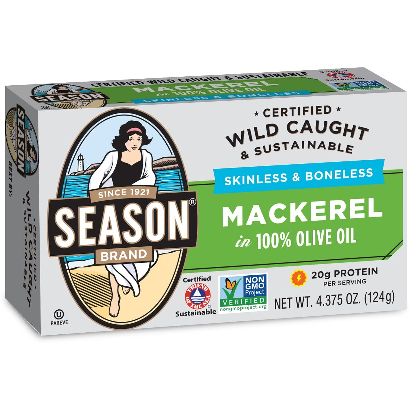 Season Mackerel In Olive Oil - Skinless & Boneless, Wild Caught, Keto Snacks, Canned Mackerel Fillets, Full Of Vitamins, Low In Mercury, Kosher, Non-Gmo, 20G Of Protein - 4.37 Oz, 12-Pack